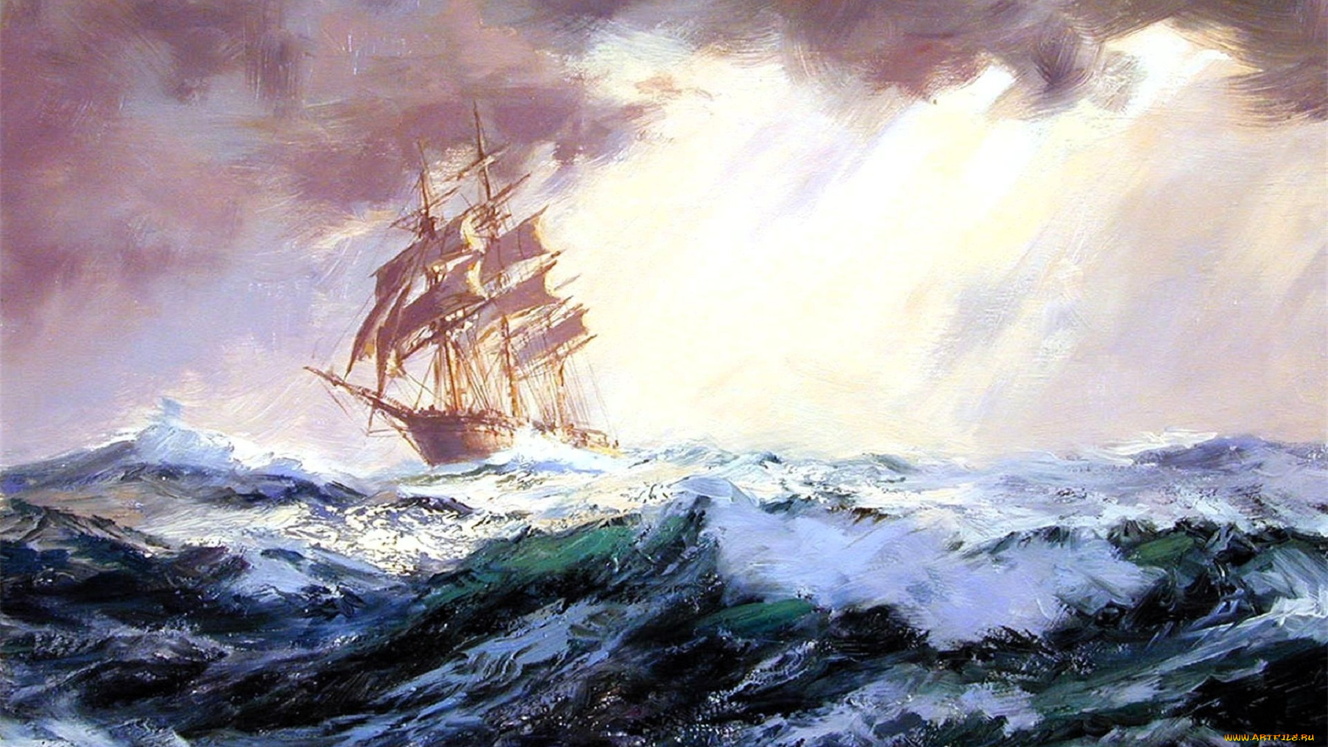 рисованное, montague, dawson, корабль, парусник, море