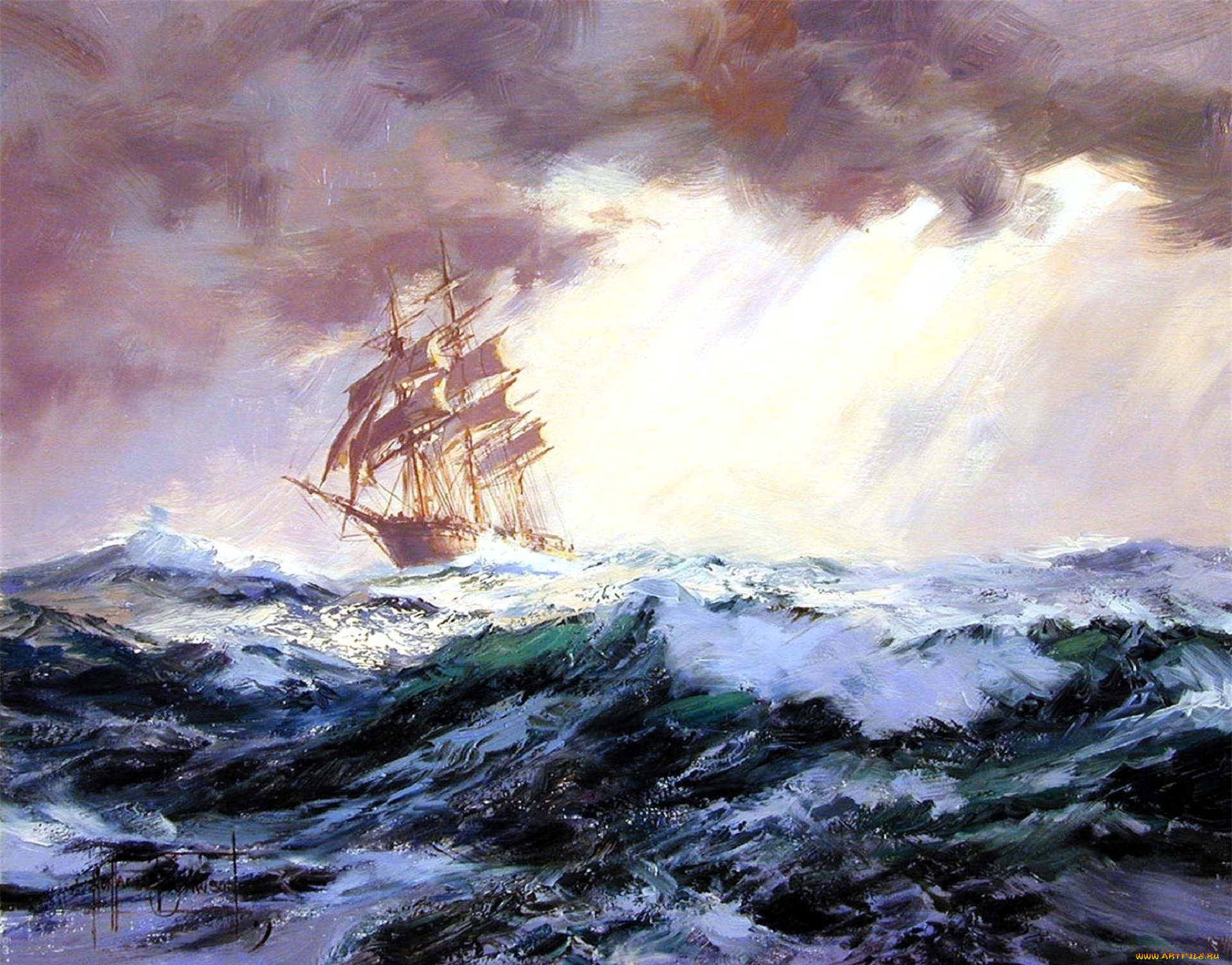 рисованное, montague, dawson, корабль, парусник, море