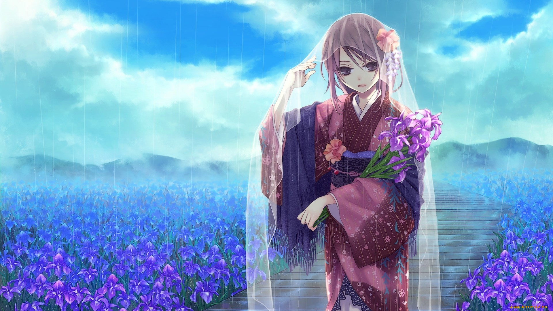 аниме, *unknown, другое, поле, сиреневые, девушка, yamyom, кимоно, цветы, накидка, дождь, букет