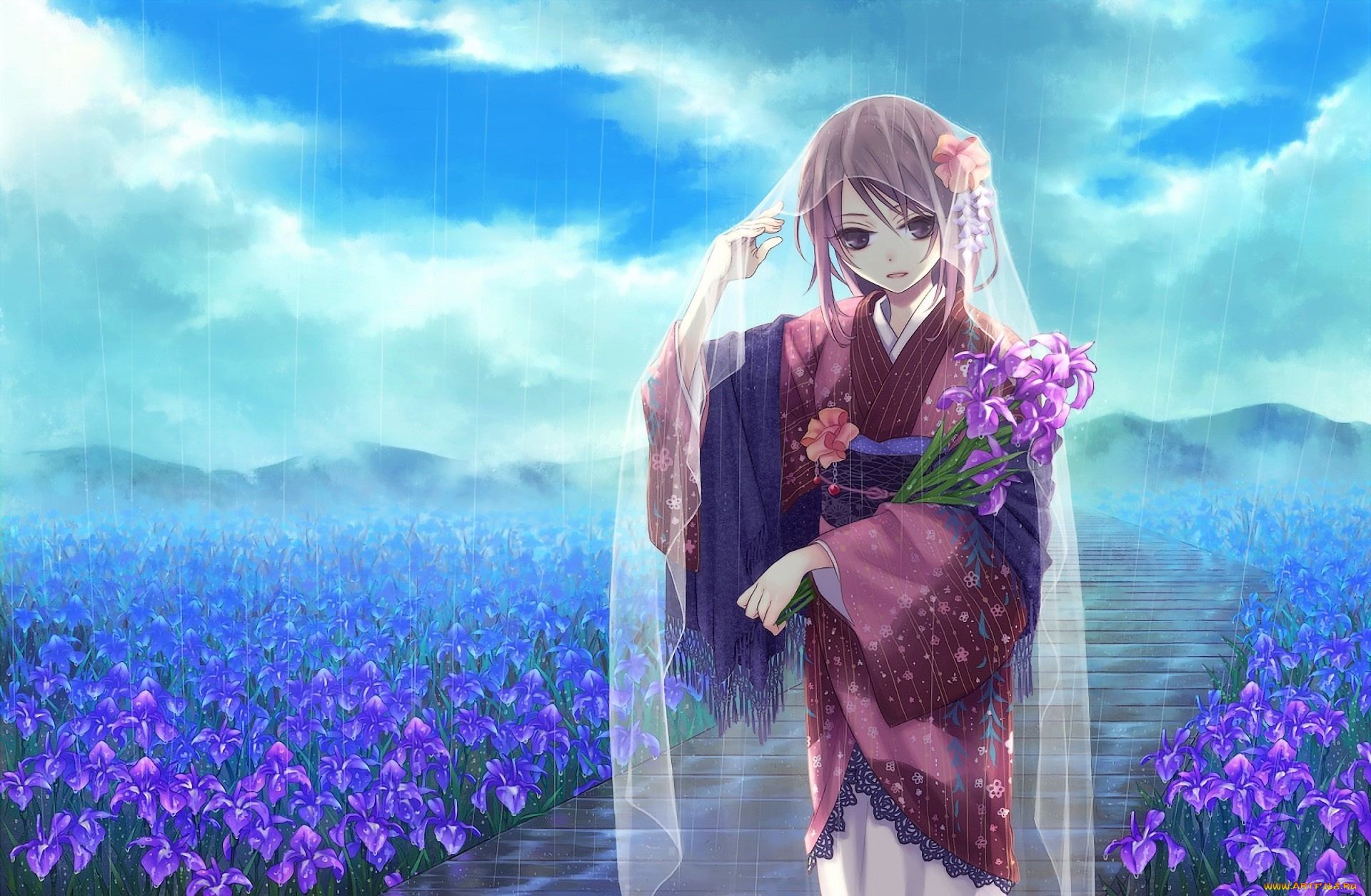 аниме, *unknown, другое, поле, сиреневые, девушка, yamyom, кимоно, цветы, накидка, дождь, букет