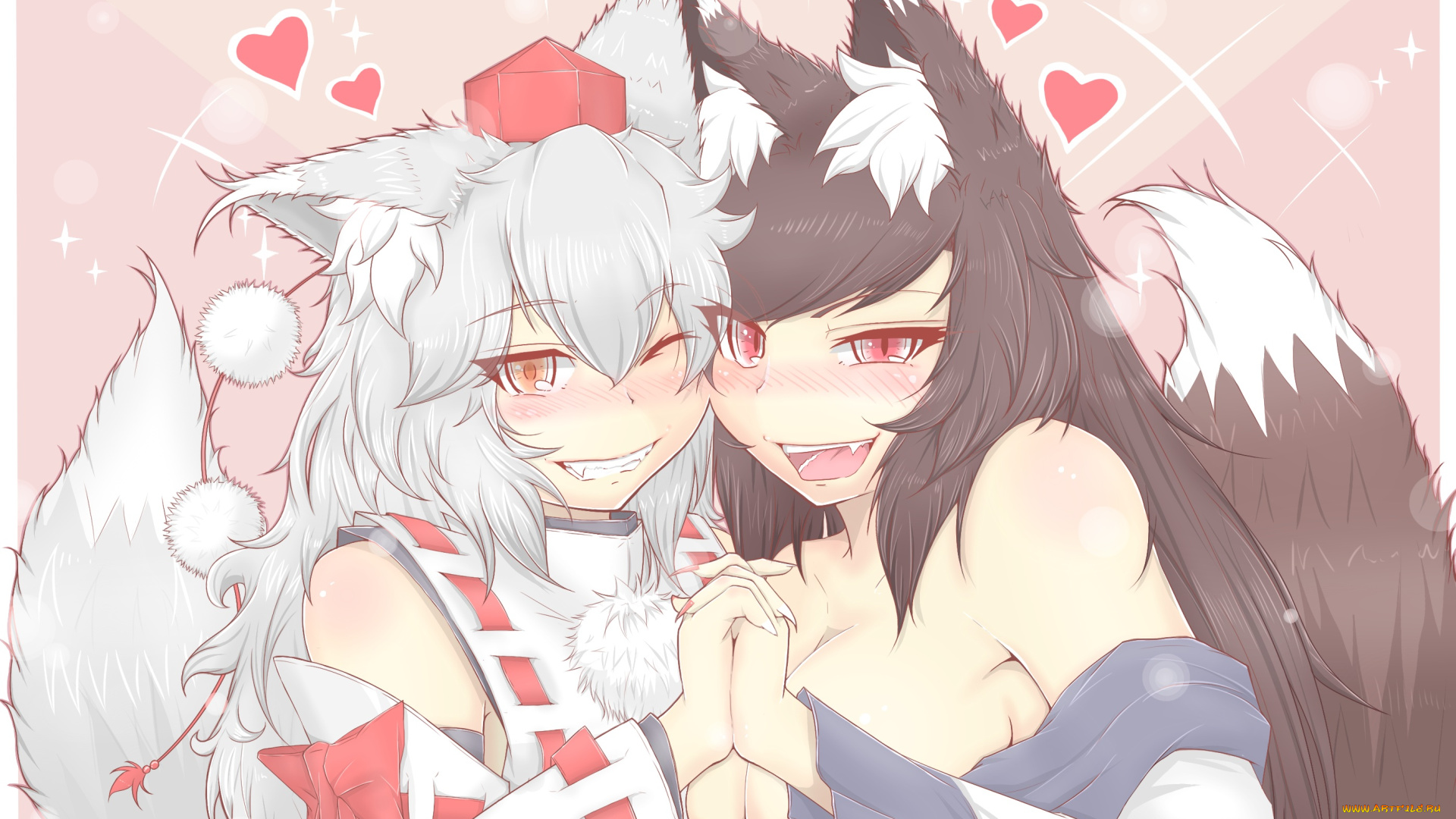 аниме, touhou, арт, inubashiri, momiji, imaizumi, kagerou, девушки, ушки, бант, сердечки, cube85