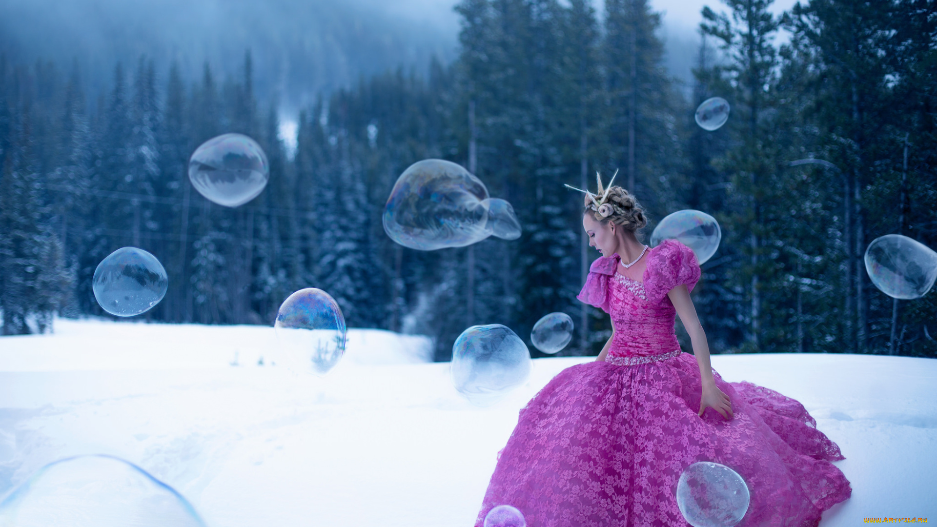 девушки, -unsort, , креатив, розовое, платье, пузыри, лес, принцесса, корона, зима, девушка