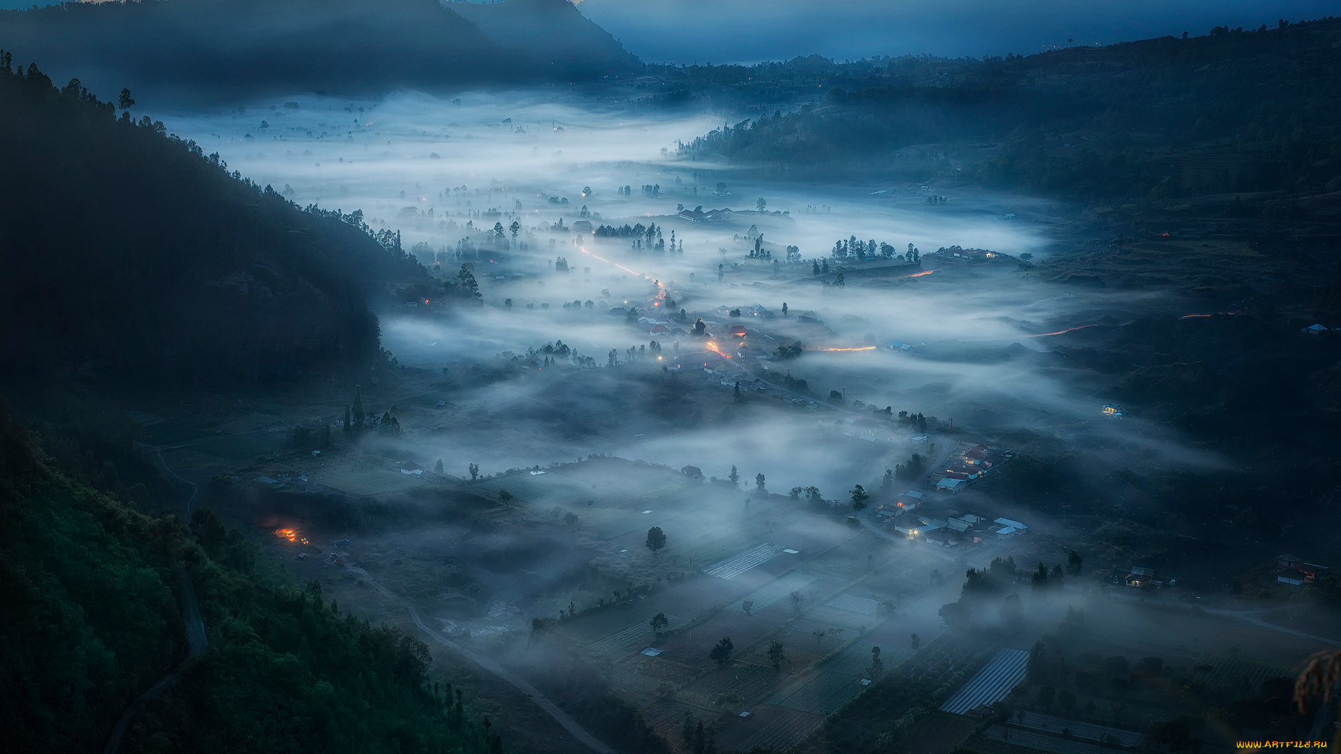 города, -, пейзажи, долина, горы, утро, туман, остров, бали, индонезия