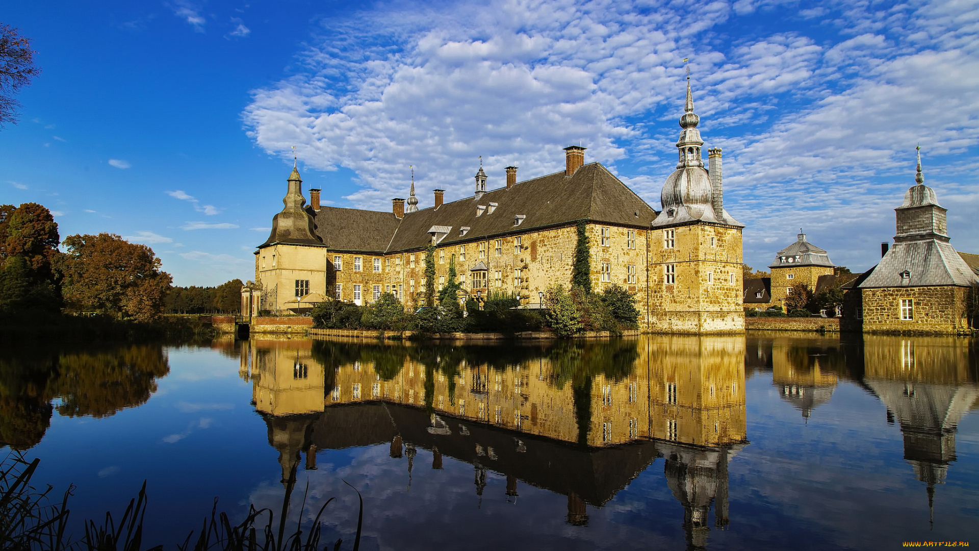 schloss, lembeck, -, moated, castle, города, замки, германии, замок, озеро