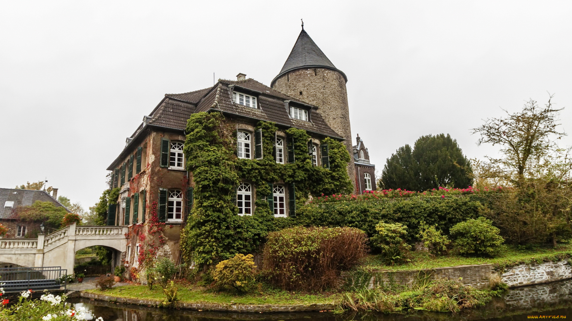 schloss, linnep, города, замки, германии, замок, река