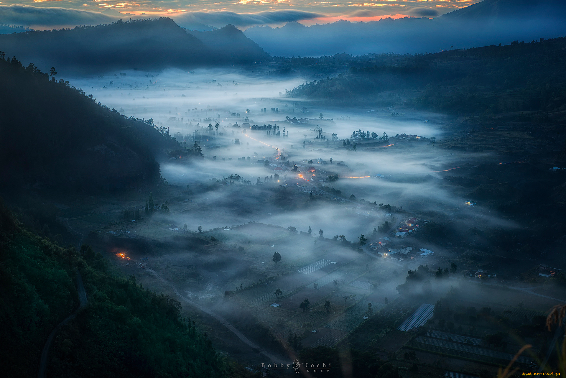 города, -, пейзажи, долина, горы, утро, туман, остров, бали, индонезия