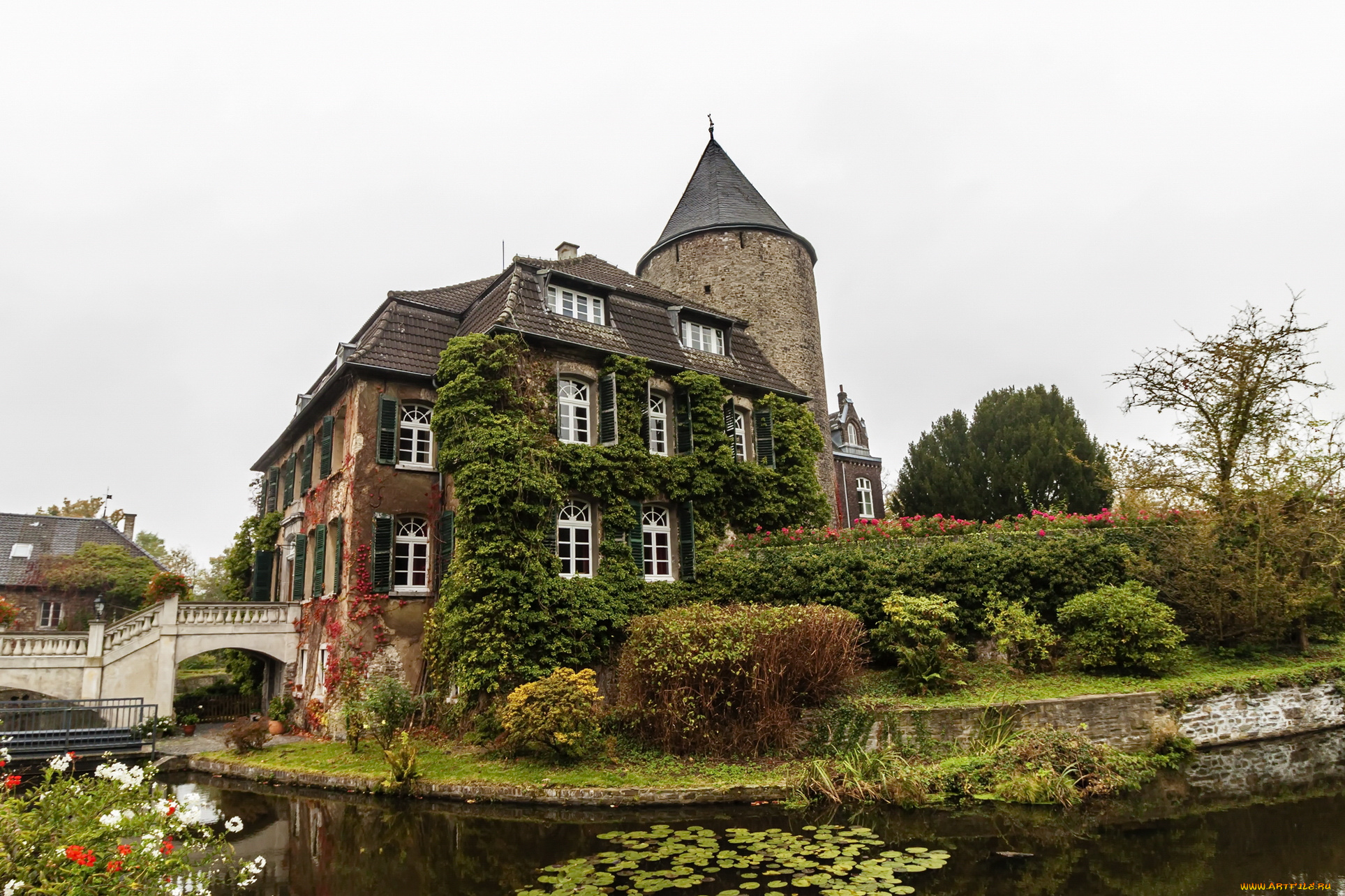 schloss, linnep, города, замки, германии, замок, река