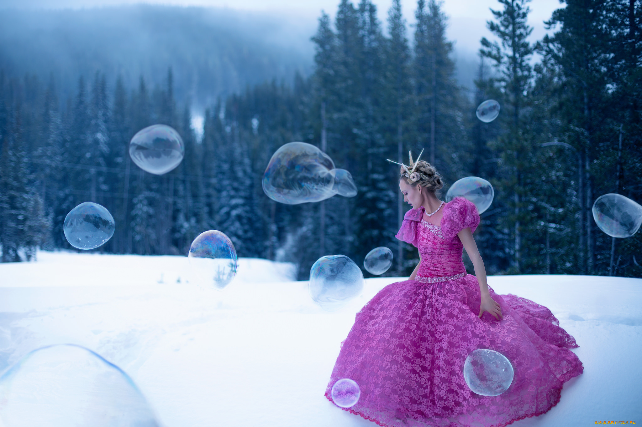 девушки, -unsort, , креатив, розовое, платье, пузыри, лес, принцесса, корона, зима, девушка