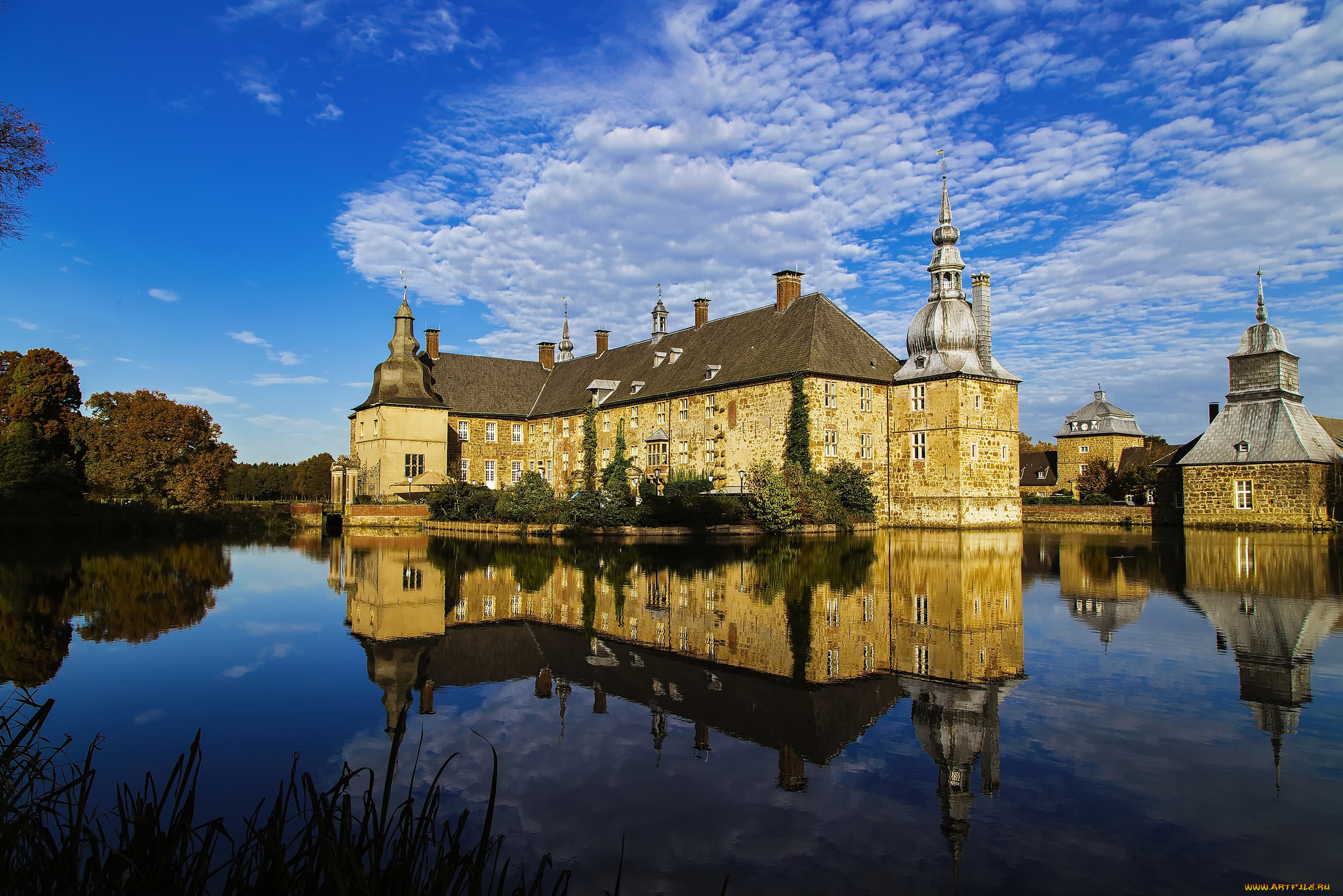 schloss, lembeck, -, moated, castle, города, замки, германии, замок, озеро