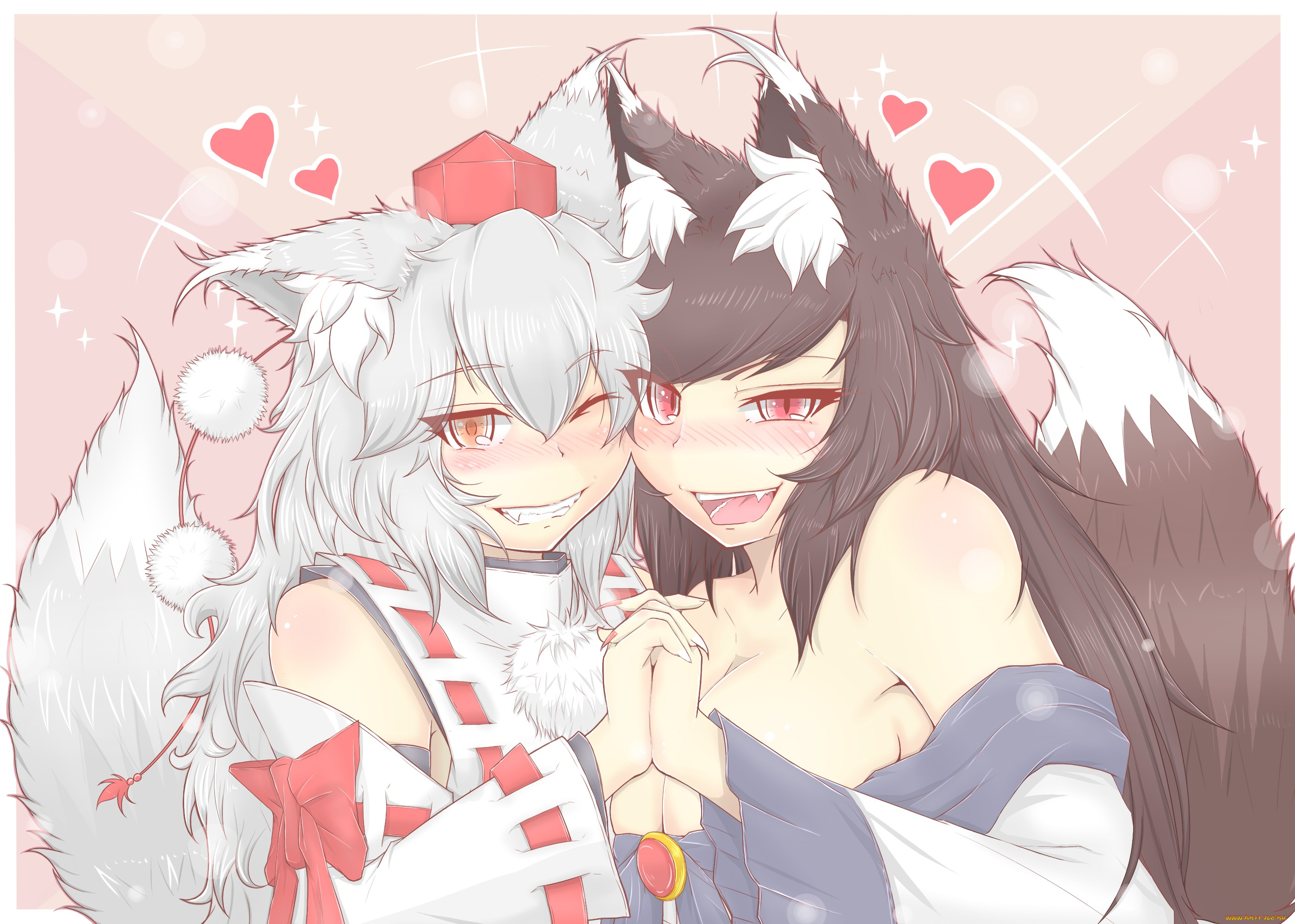 аниме, touhou, арт, inubashiri, momiji, imaizumi, kagerou, девушки, ушки, бант, сердечки, cube85