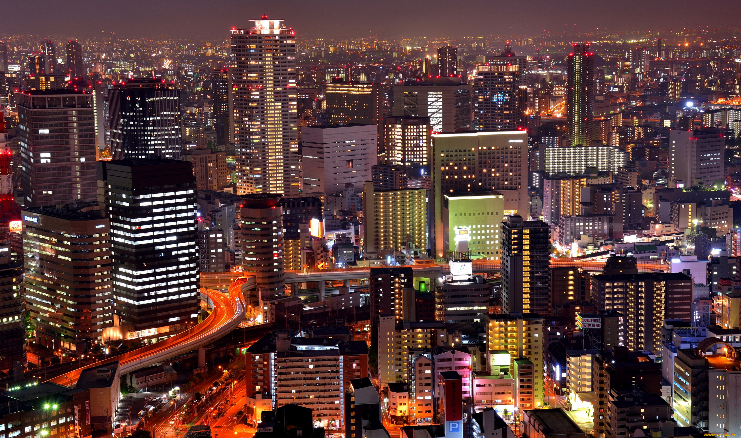 осака, Япония, города, осака, , Япония, осака, мегаполис, ночь, панорама, небоскребы0