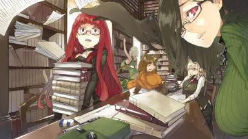 Картинка аниме животные +существа девушки библиотека книги неко muneneko
