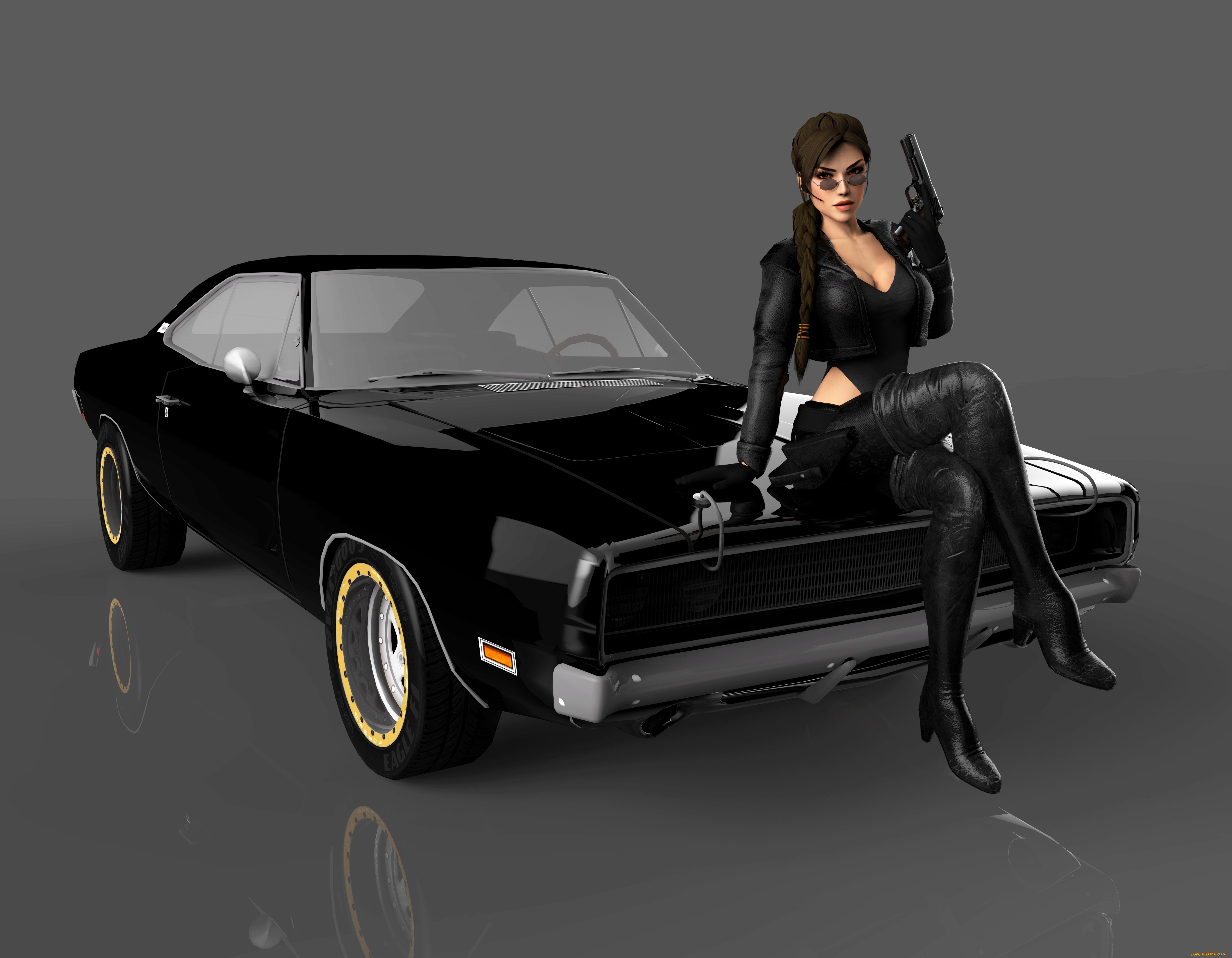 автомобили, 3d, car&girl, оружие, автомобиль, фон, взгляд, девушка