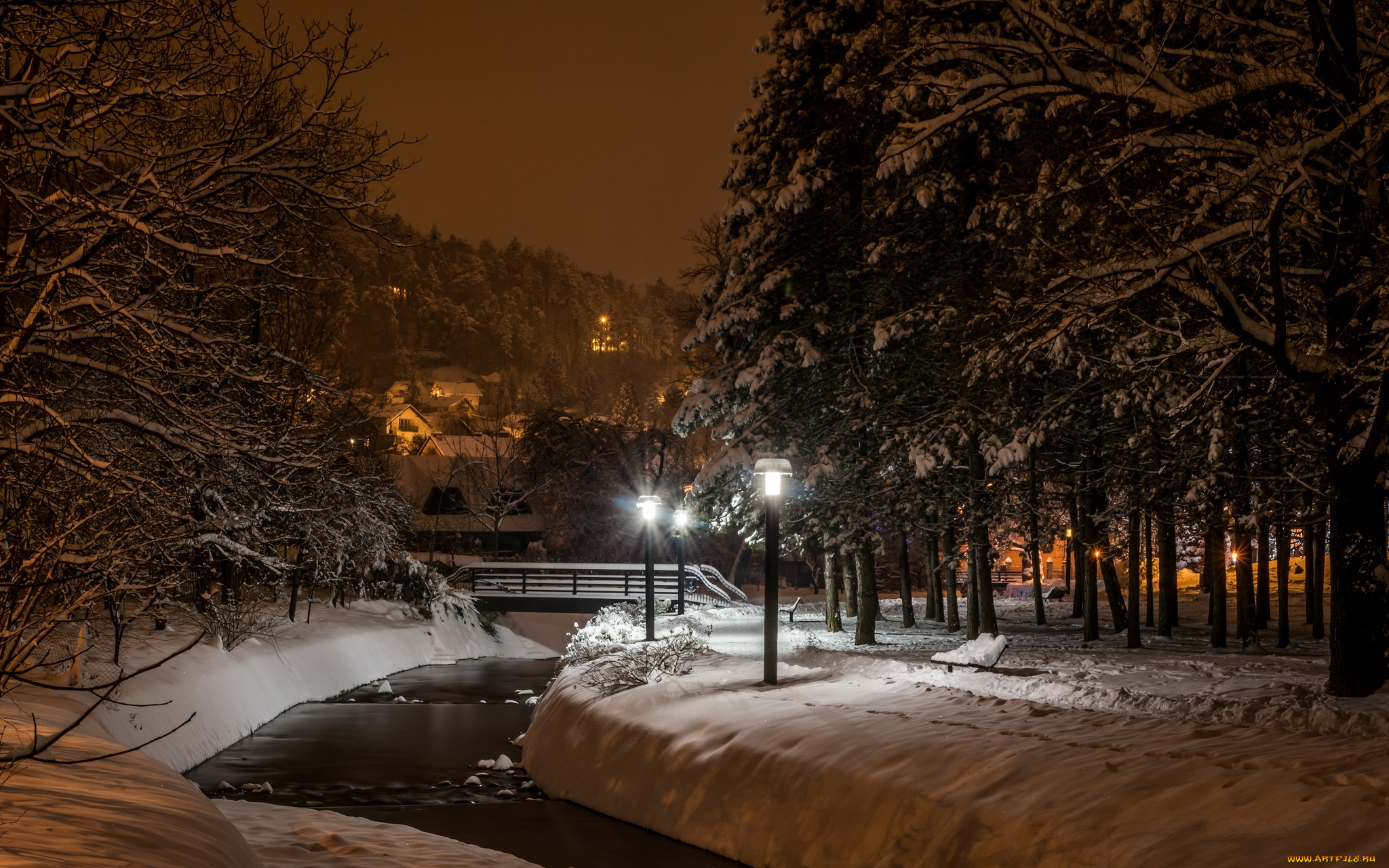города, -, пейзажи, ночь, снег