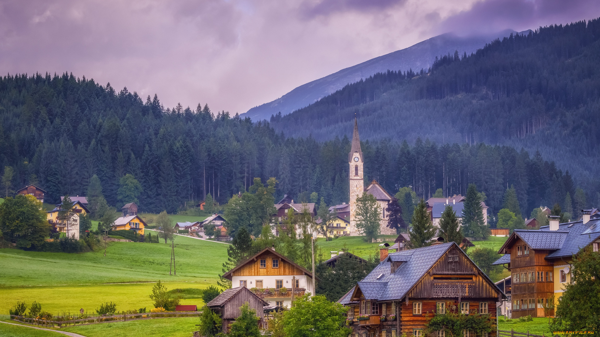 города, -, панорамы, gosau, альпы, коровы, долина, alps, austria, valley, дома, upper, церковь, австрия, горы, гозау