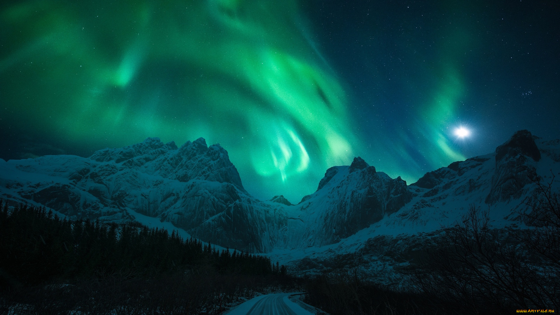 природа, северное, сияние, night, the, moon, road, northern, lights, winter, mountains, light, snow