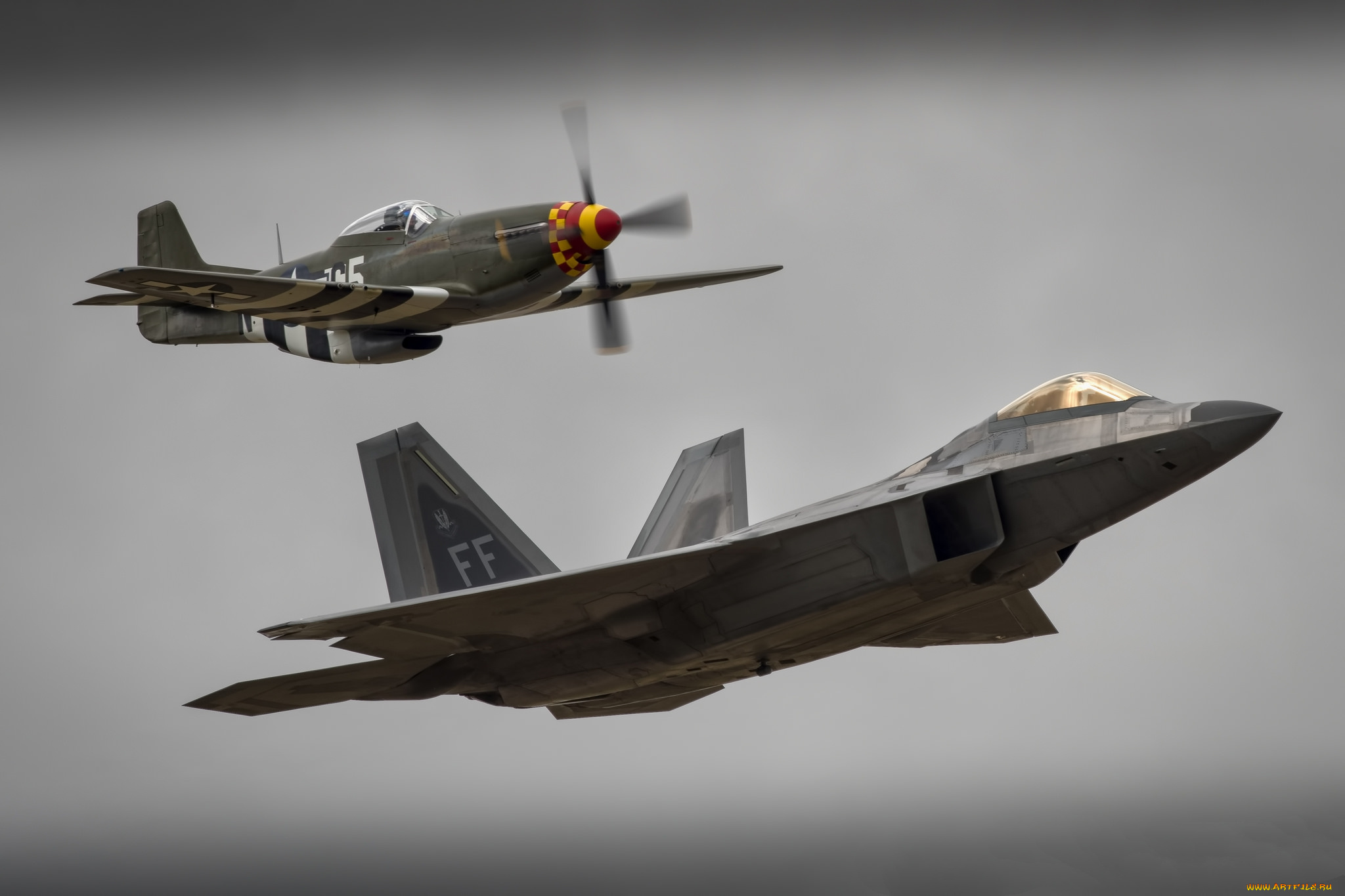 f-22, raptor, &, p-51, mustang, авиация, боевые, самолёты, ввс