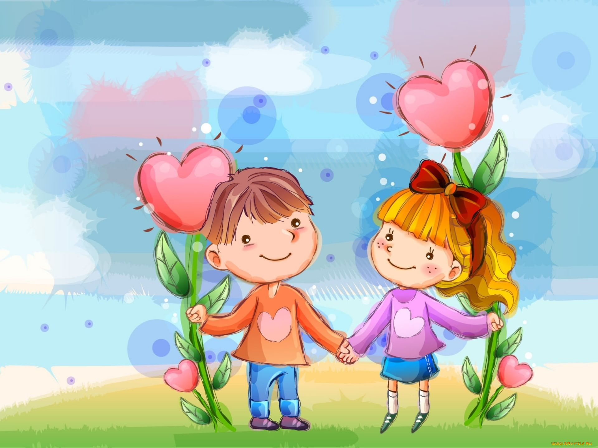 рисованное, дети, мальчик, девочка, цветы, сердечки