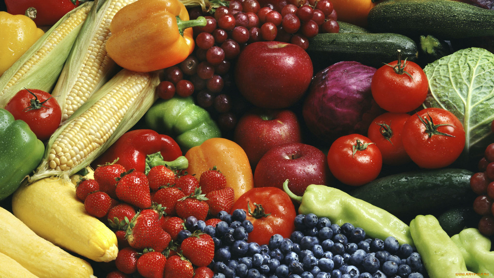 еда, фрукты, овощи, вместе, цуккини, помидоры, виноград, паприка, капуста, ягоды, черника, кукуруза, клубника, яблоки, томаты
