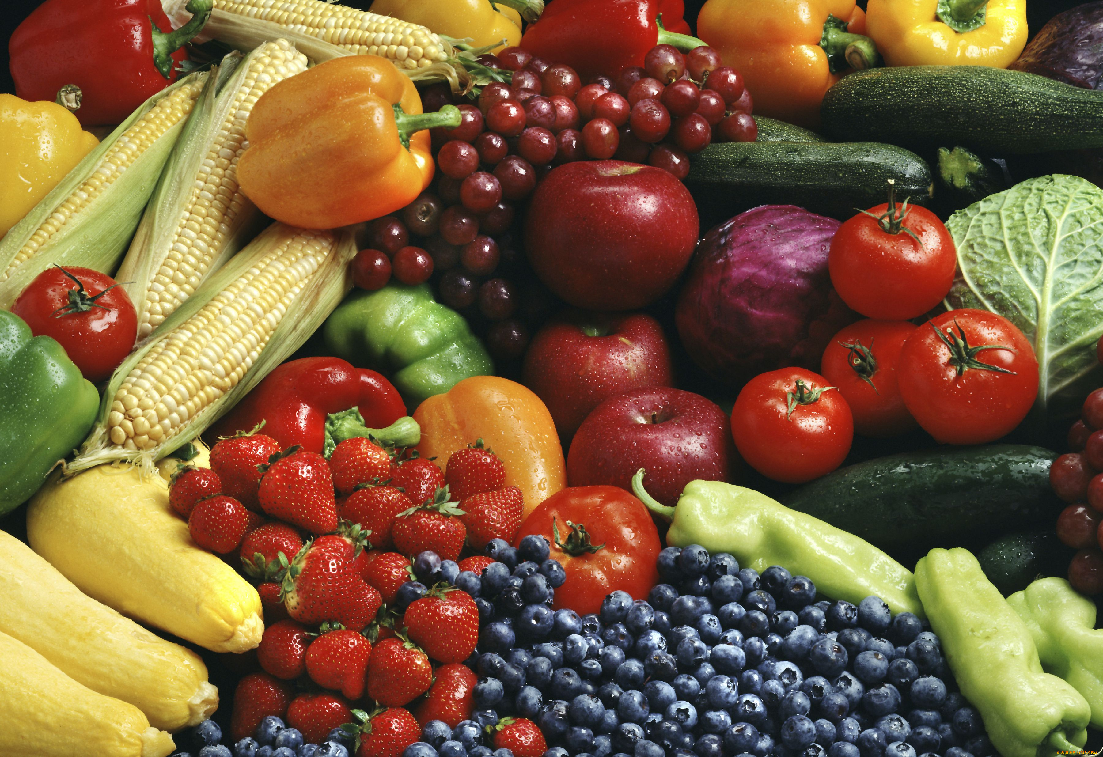 еда, фрукты, овощи, вместе, цуккини, помидоры, виноград, паприка, капуста, ягоды, черника, кукуруза, клубника, яблоки, томаты