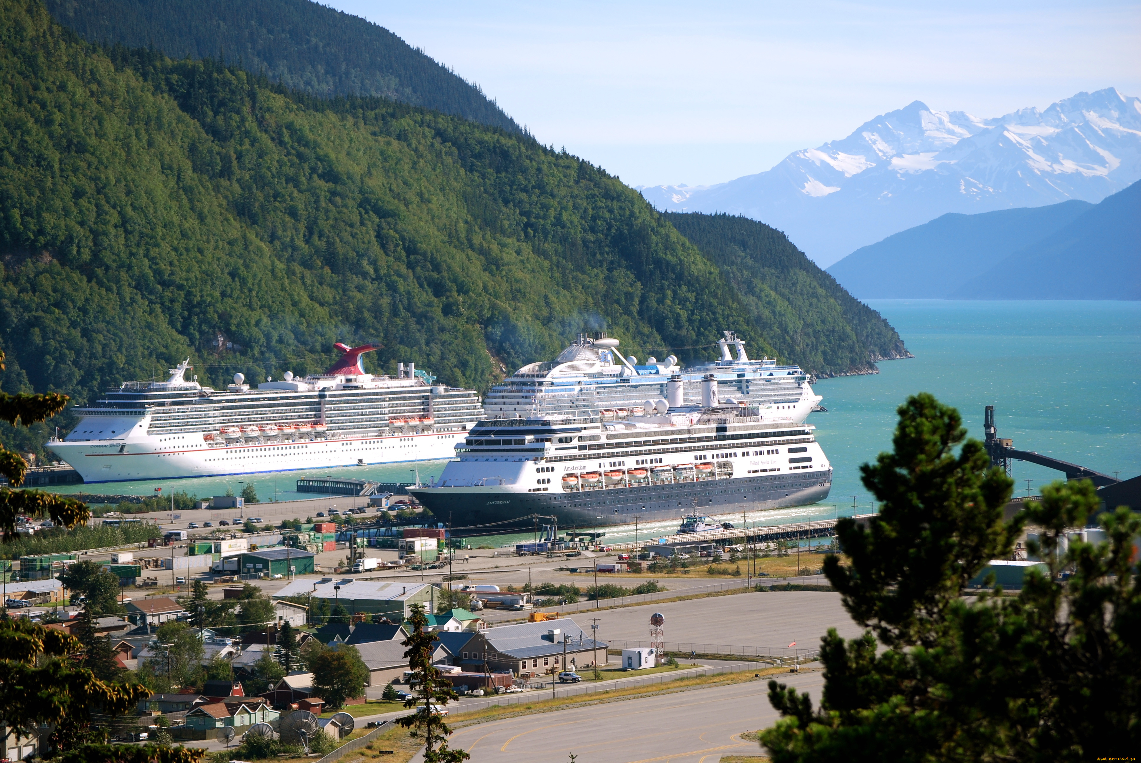 корабли, порты, причалы, горы, alaskan, port, лайнеры, бухта