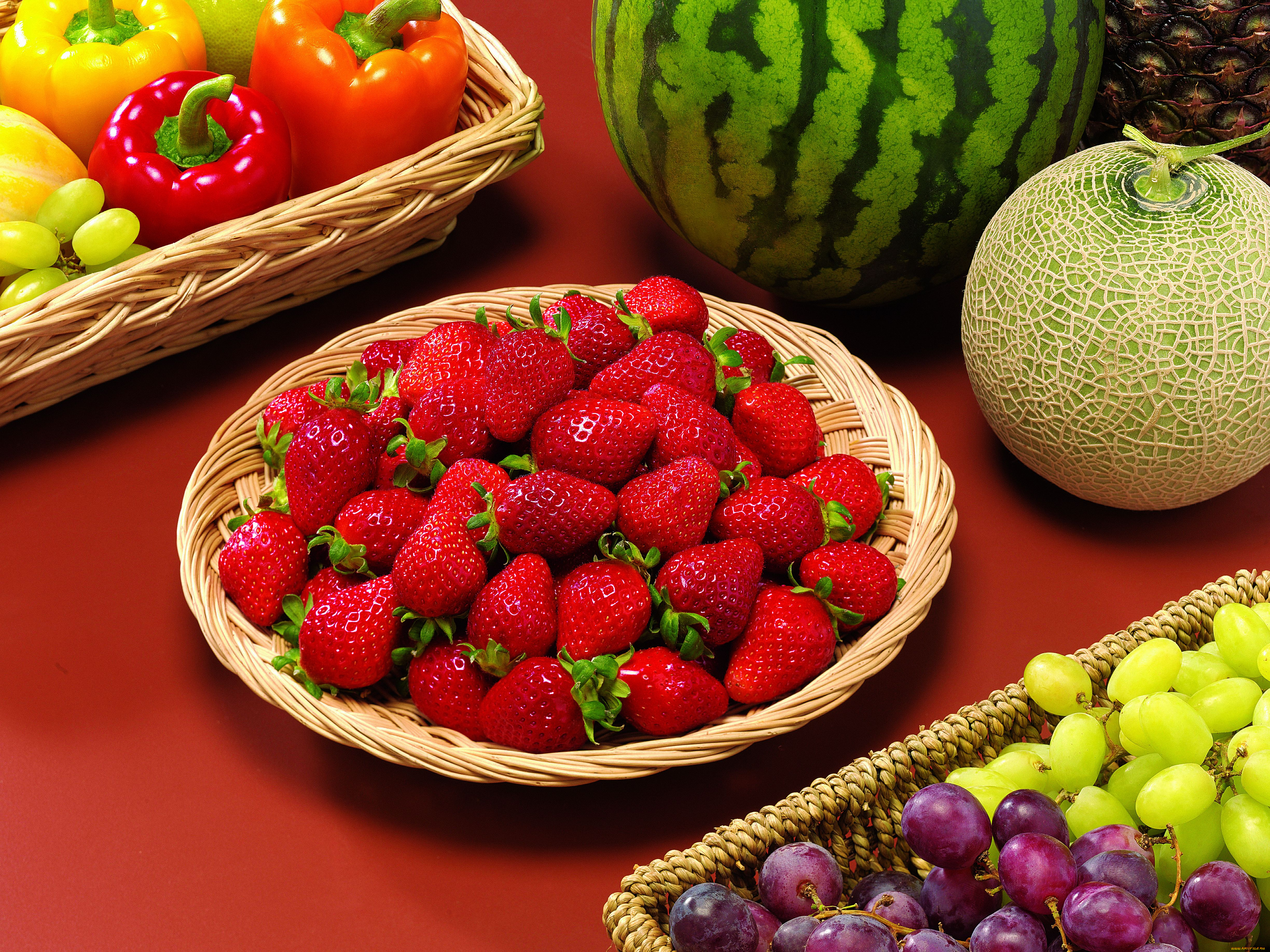 еда, фрукты, овощи, вместе, ягоды, натюрморт, виноград, клубника, арбуз, дыня, паприка