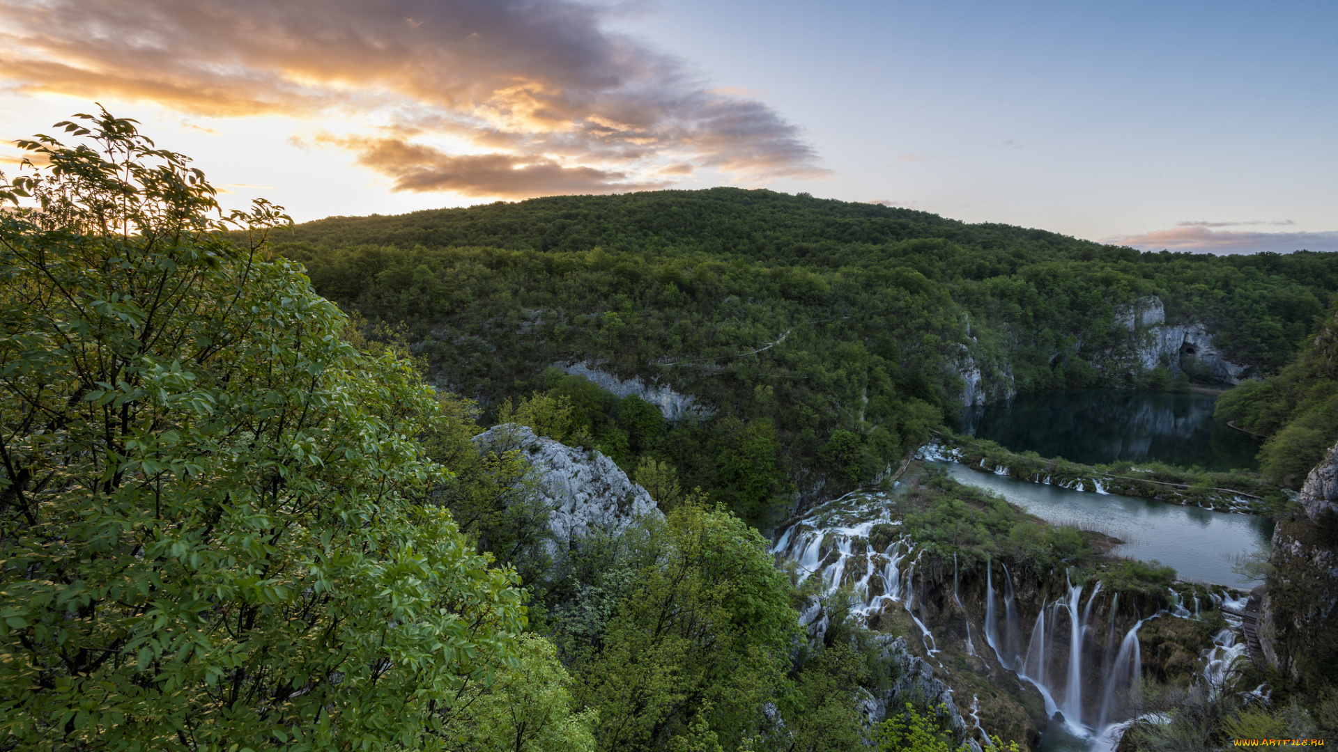 природа, водопады, утро, деревья, горы, озеро, вид, хорватия, плитвицкие, озёра, национальный, парк