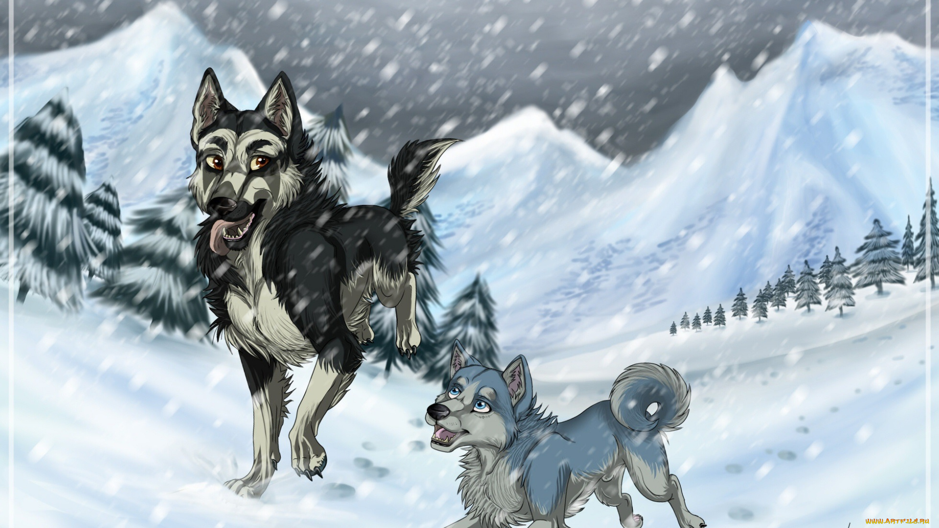 рисованные, животные, собаки, снег