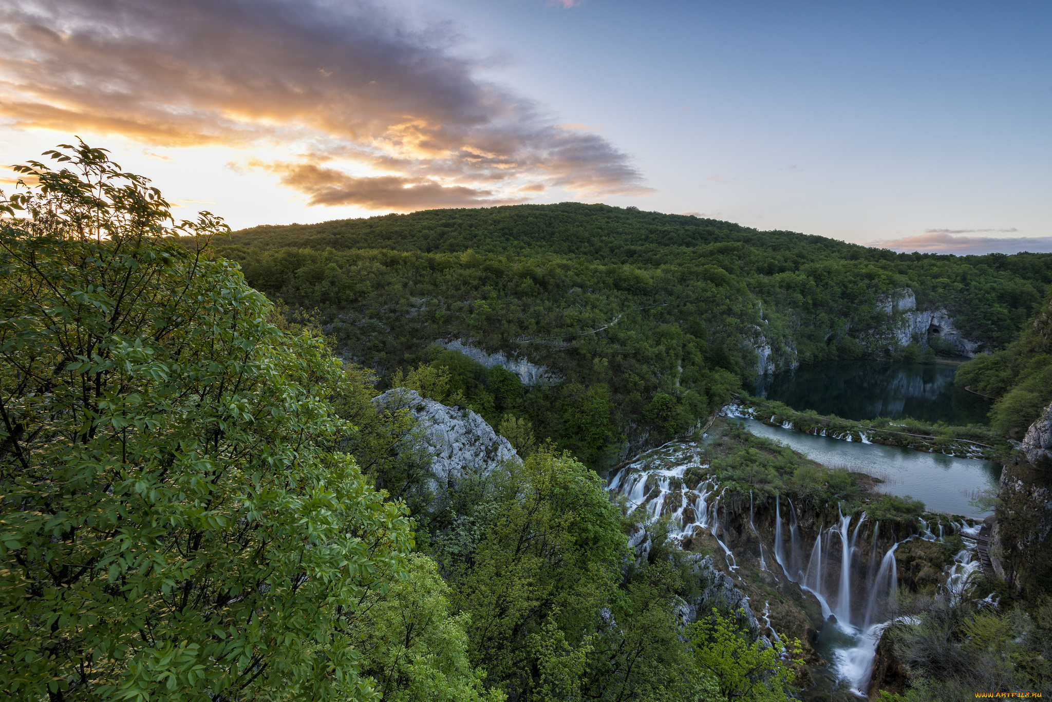 природа, водопады, утро, деревья, горы, озеро, вид, хорватия, плитвицкие, озёра, национальный, парк
