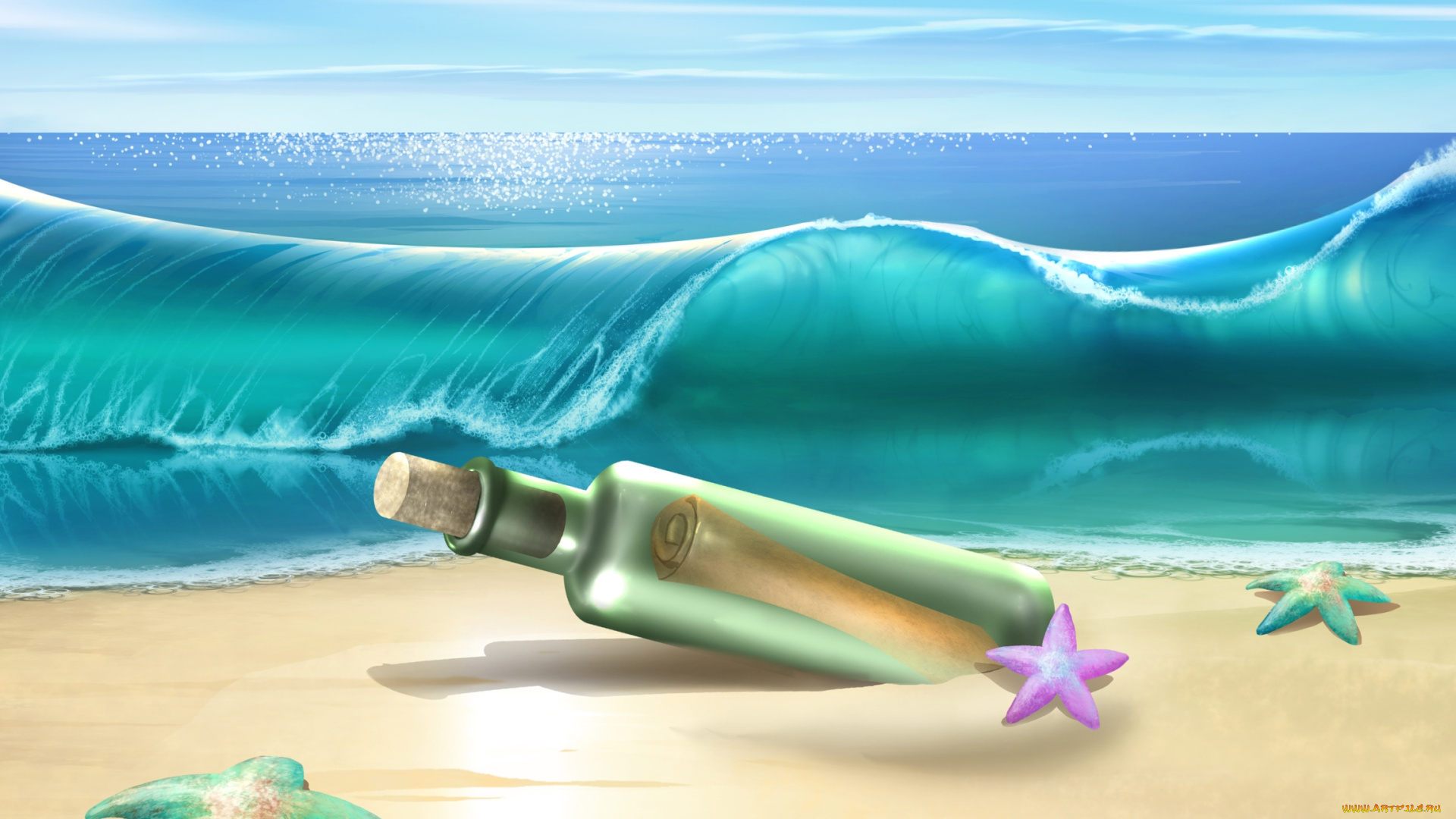 векторная, графика, морские, звезды, небо, волна, записка, бутылка, море, песок, пляж