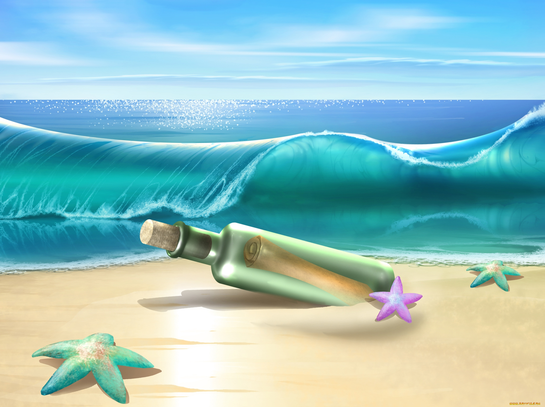 векторная, графика, морские, звезды, небо, волна, записка, бутылка, море, песок, пляж