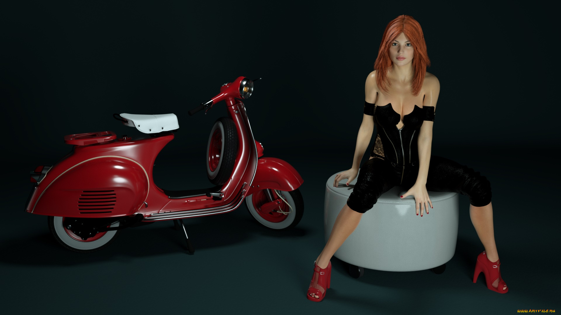 мотоциклы, 3d, мотоцикл, рыжая, фон, взгляд, девушка