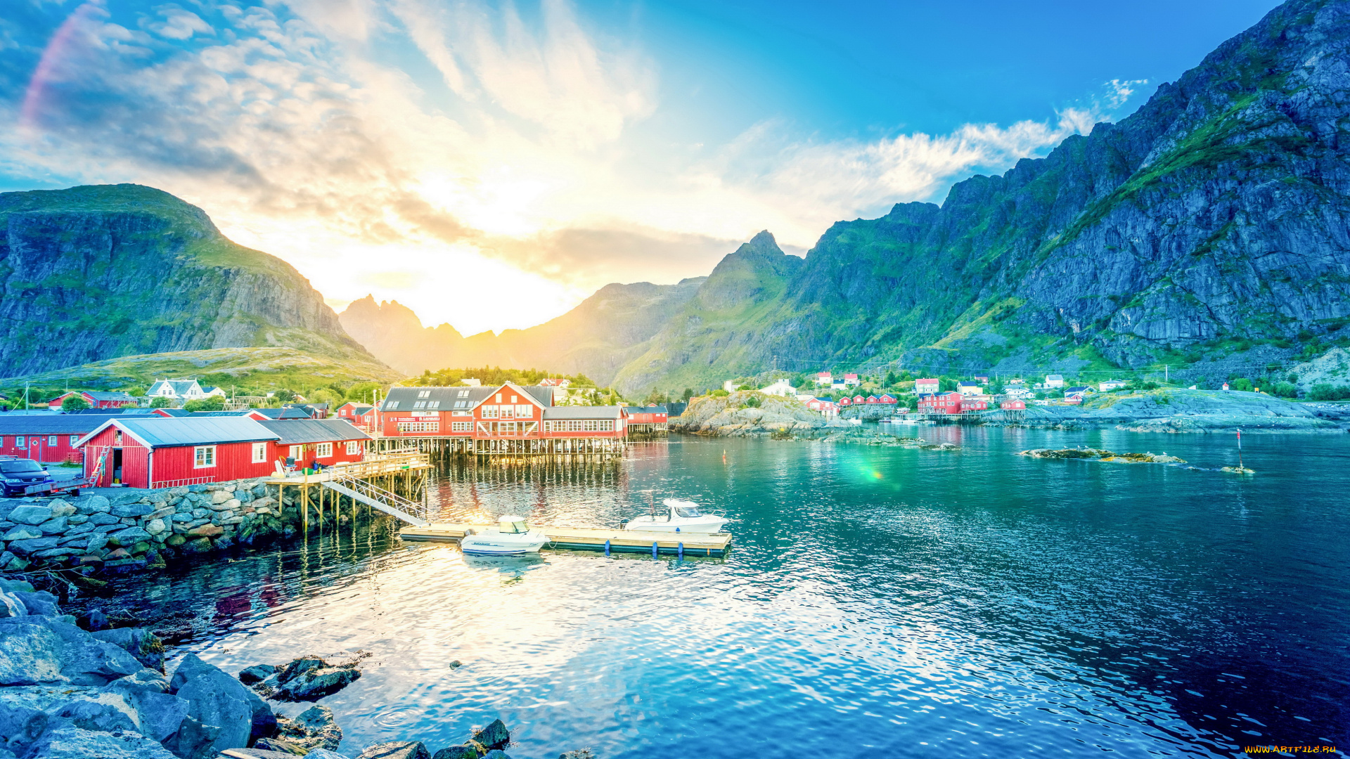 norway, lofoten, природа, реки, озера, norway, lofoten, озеро, фьорд, горы, дома, пейзаж