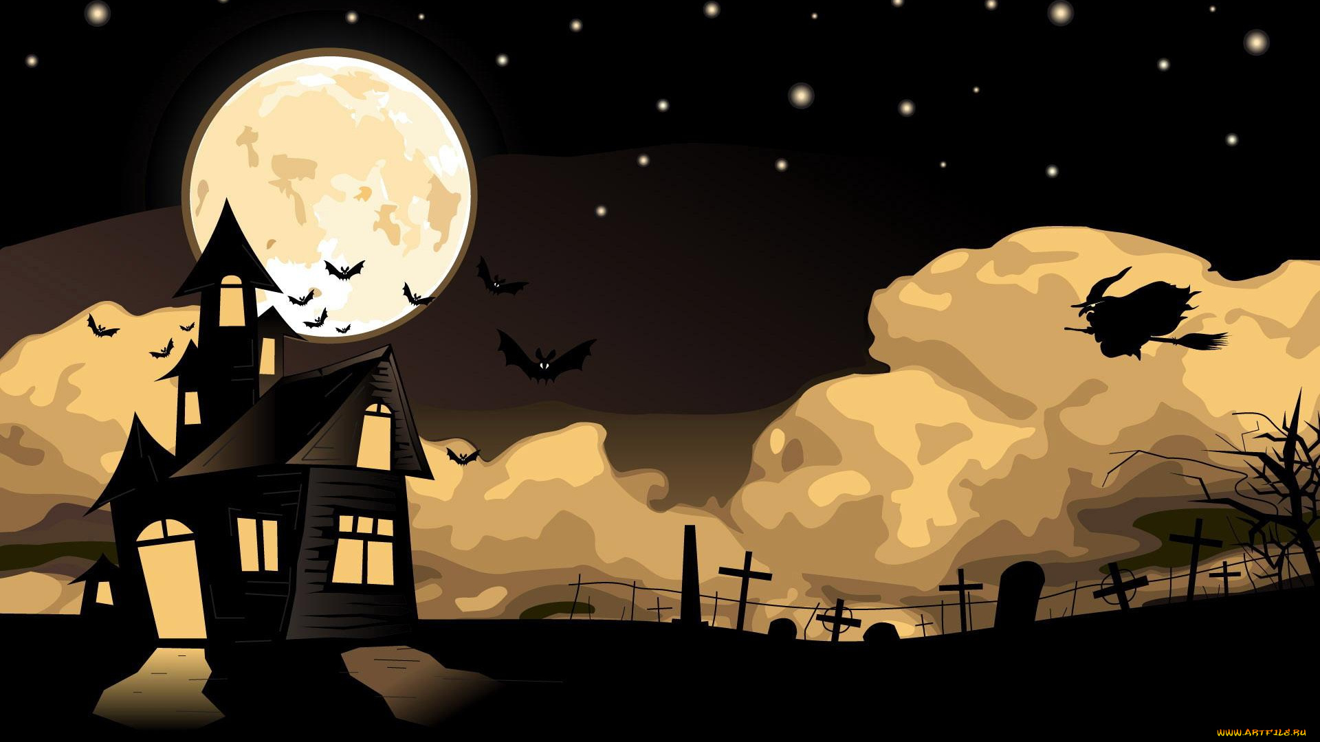 праздничные, хэллоуин, кресты, кладбище, метла, ведьма, полет, полнолуние, луна, звезды, небо, летучие, мыши, дом, ночь