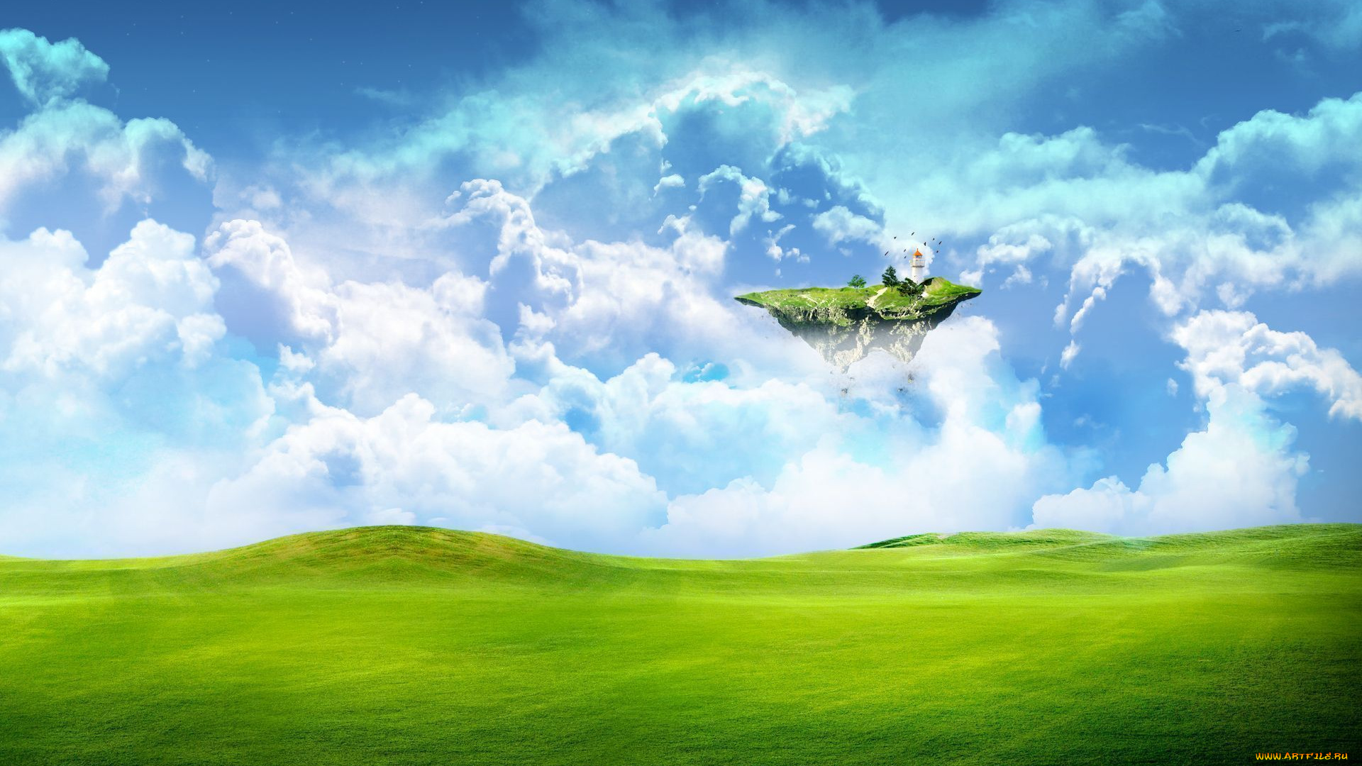 разное, компьютерный, дизайн, зелень, трава, поле, фантастика, земля, облака, небо