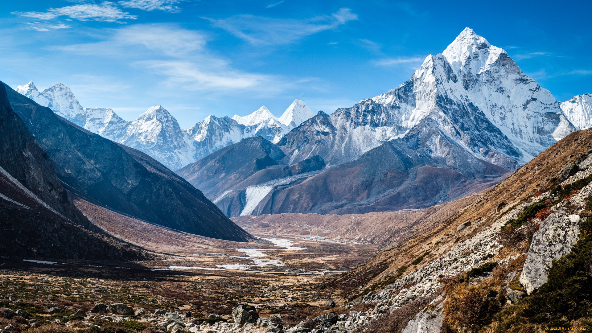 himalayas, природа, горы, вершины, снег, камни, небо