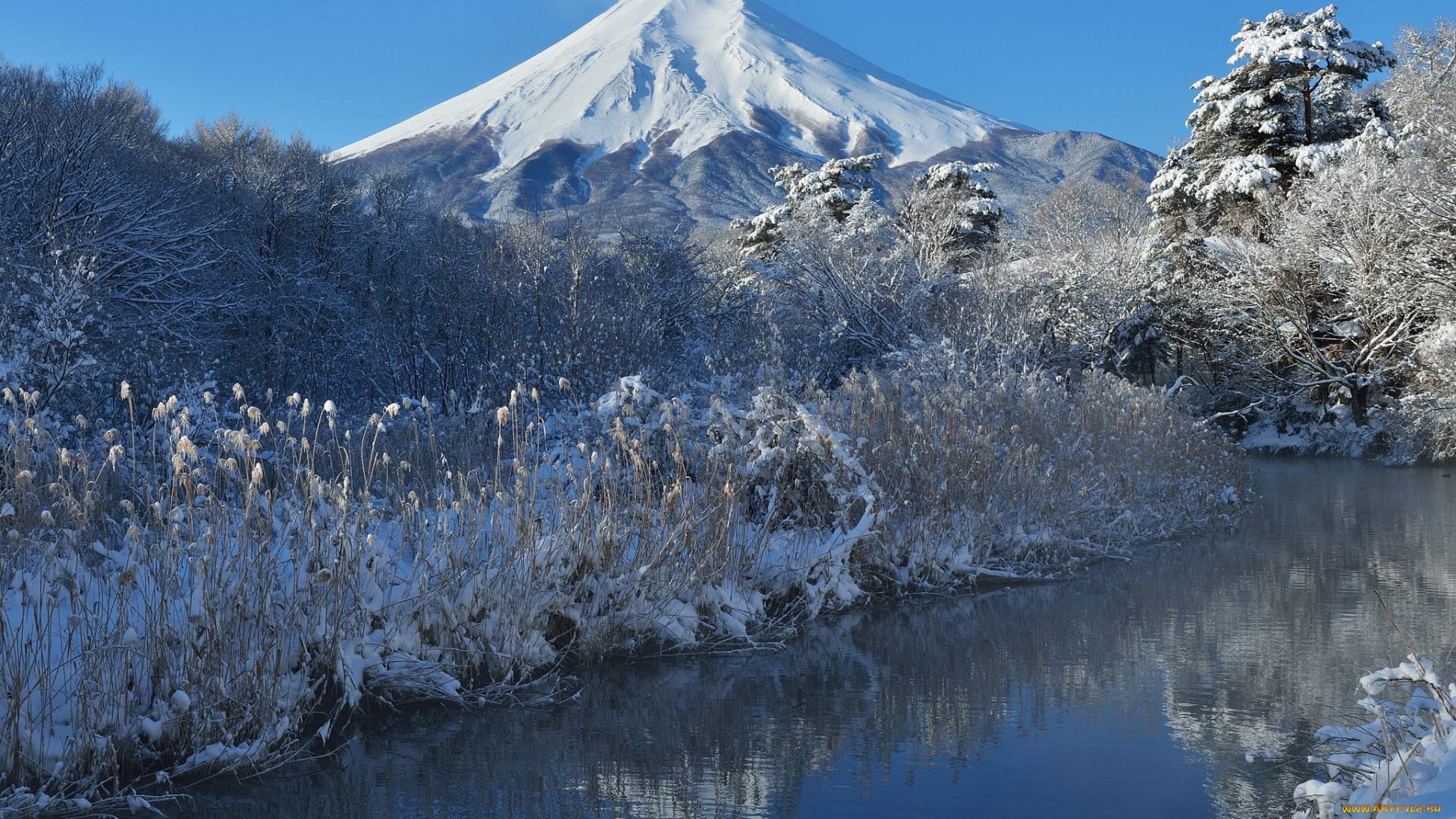 природа, реки, озера, деревья, река, зима, снег, небо, гора, Япония, фудзияма