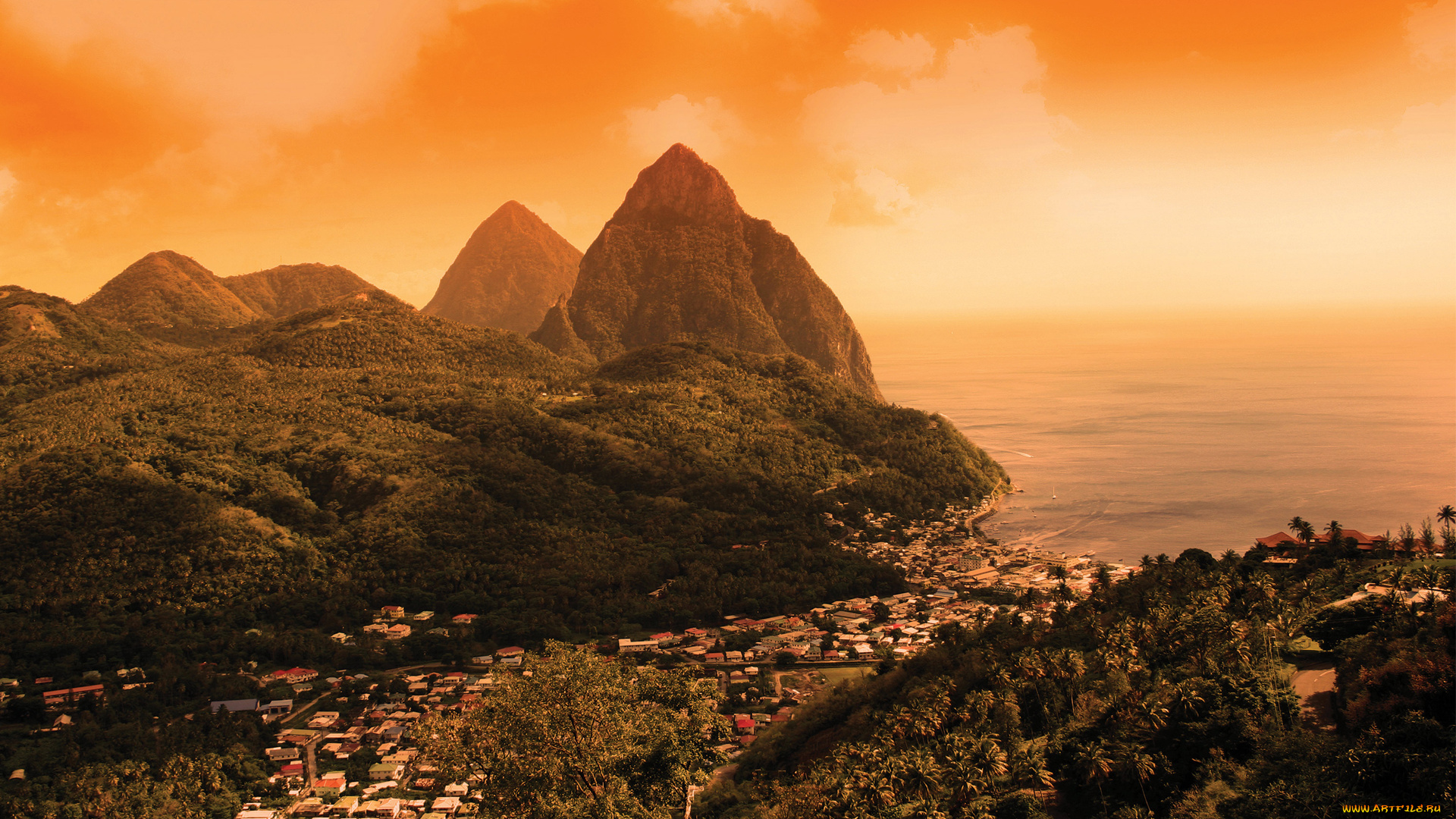 st, , lucia, города, -, пейзажи, mountains, lake, sunrise, city, village