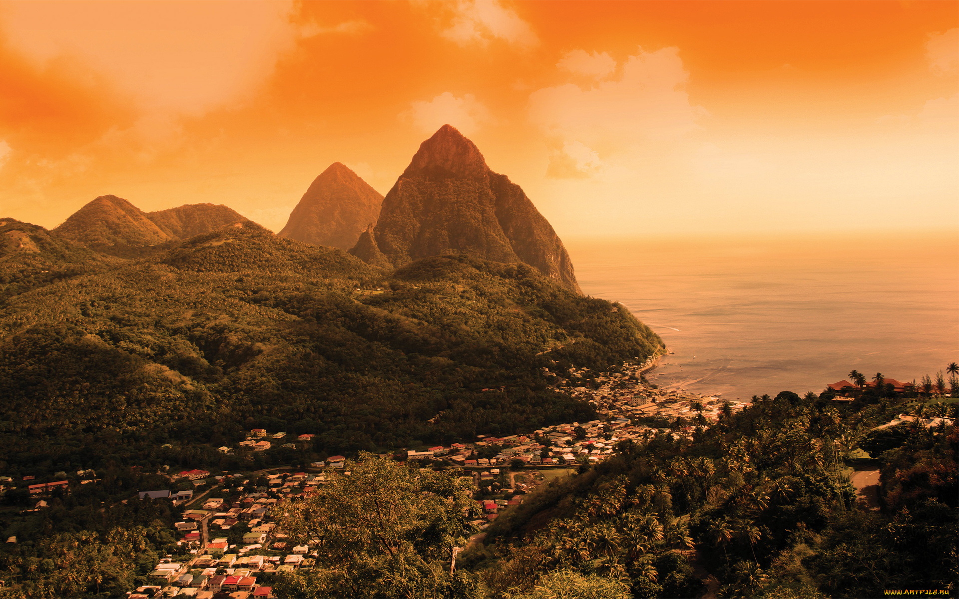 st, , lucia, города, -, пейзажи, mountains, lake, sunrise, city, village