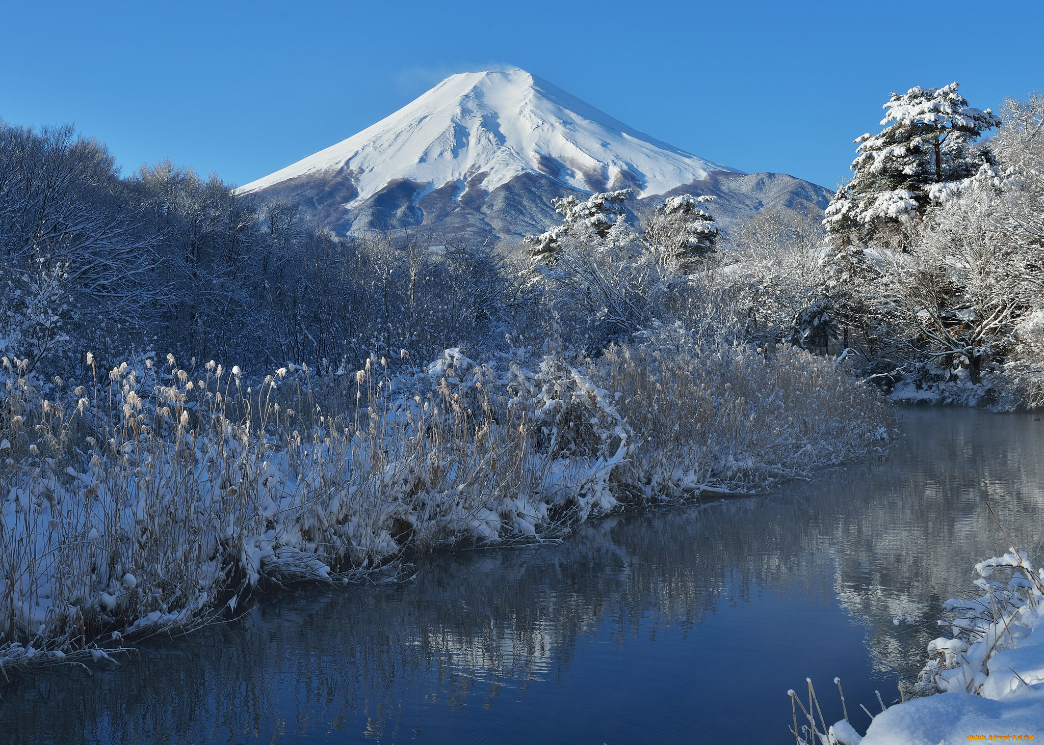 природа, реки, озера, деревья, река, зима, снег, небо, гора, Япония, фудзияма