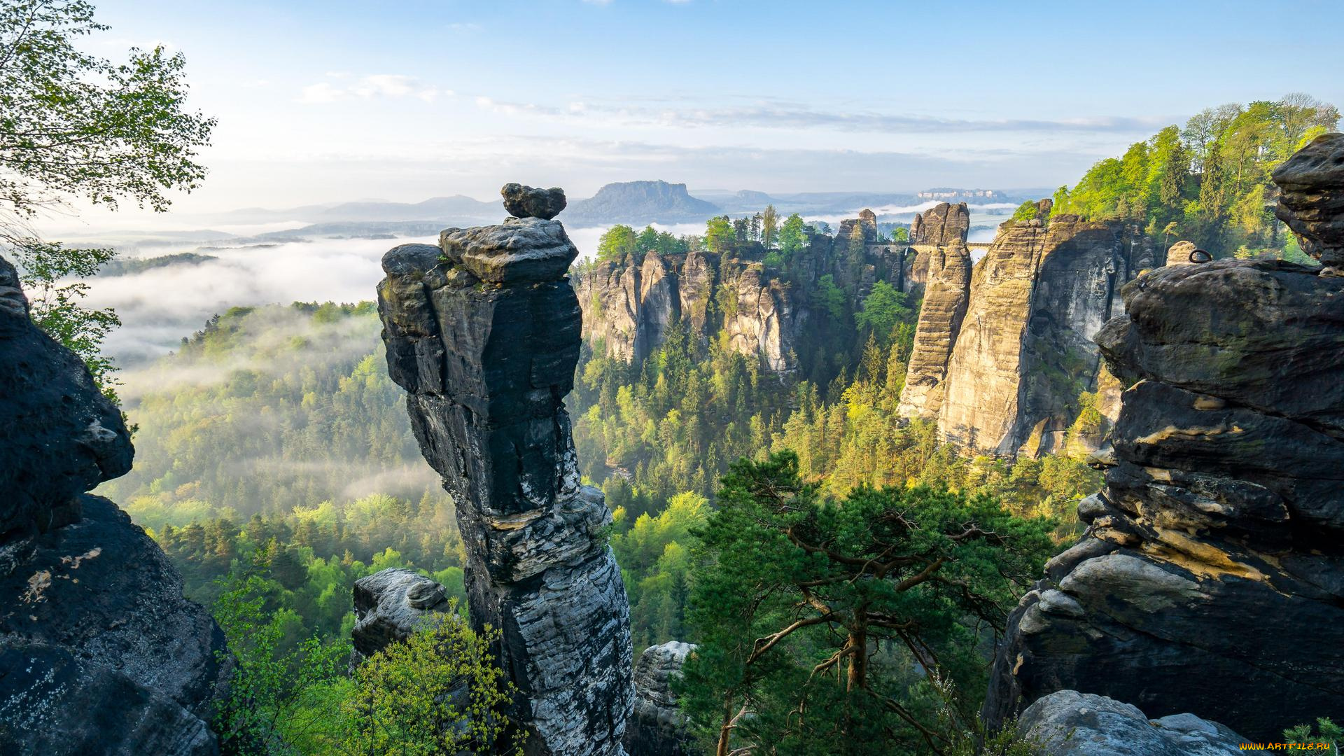 природа, горы, саксония, деревья, закат, панорама