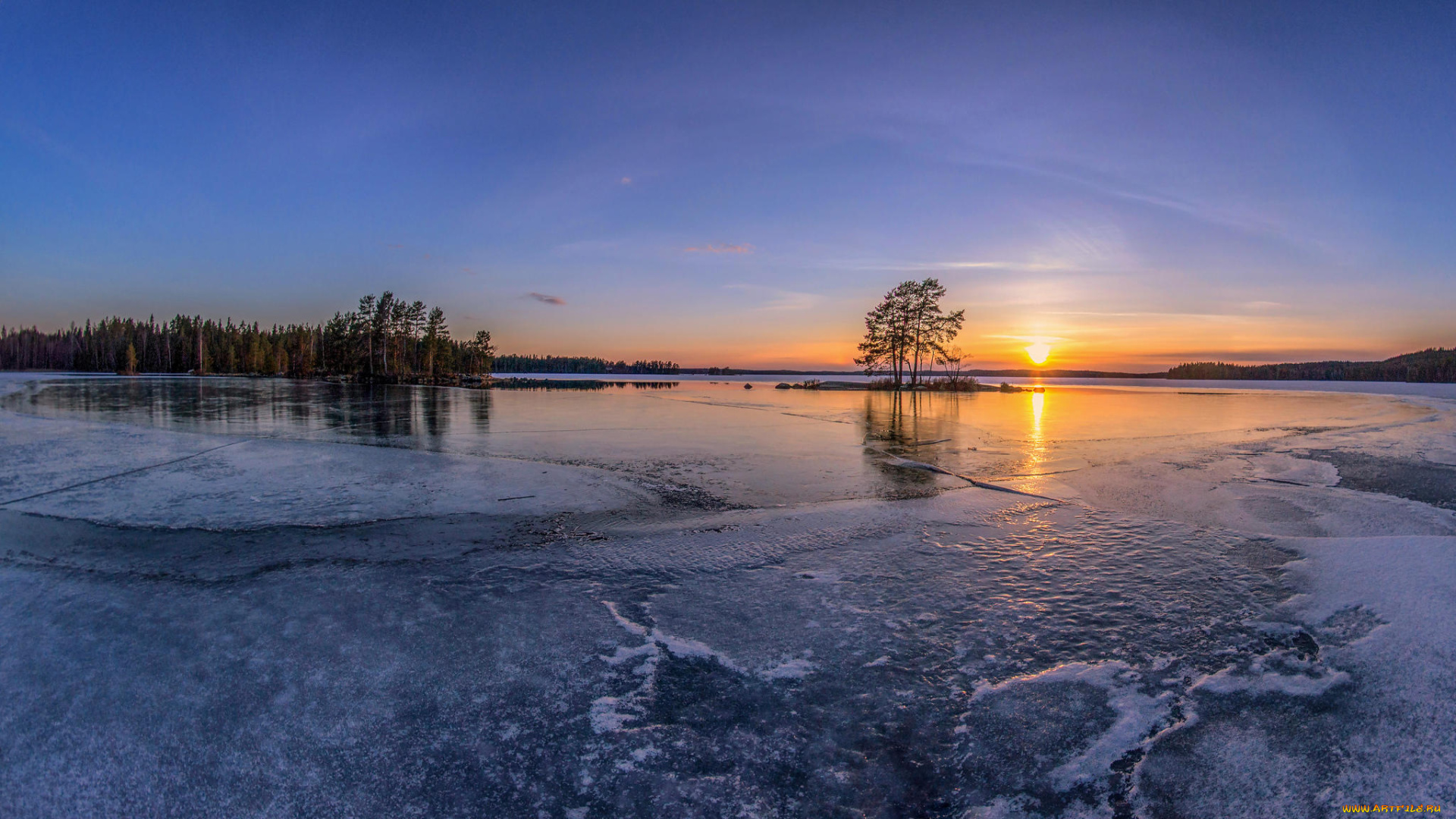 природа, реки, озера, финляндия, деревья, лёд, озеро, закат