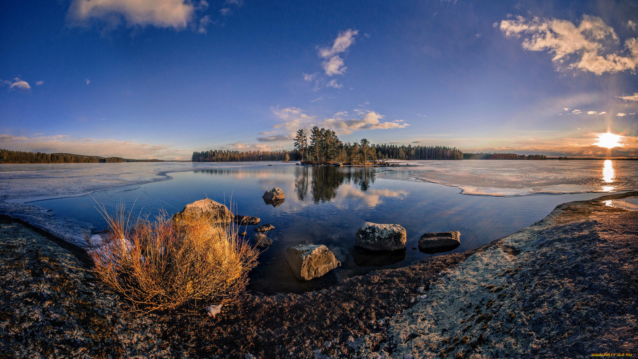 природа, реки, озера, финляндия, деревья, лёд, озеро, закат