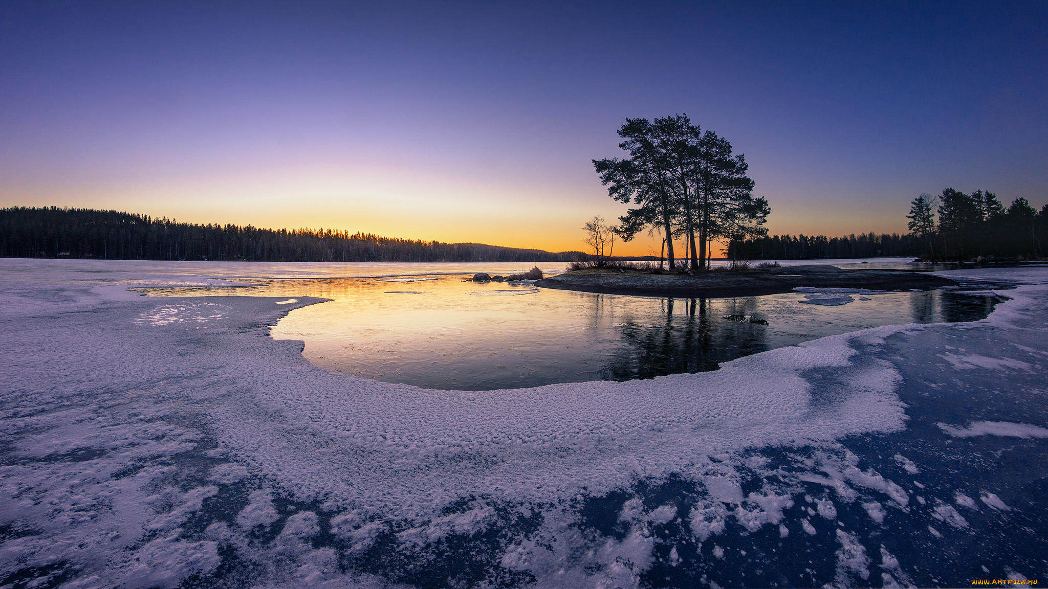 природа, реки, озера, закат, финляндия, деревья, лёд, озеро