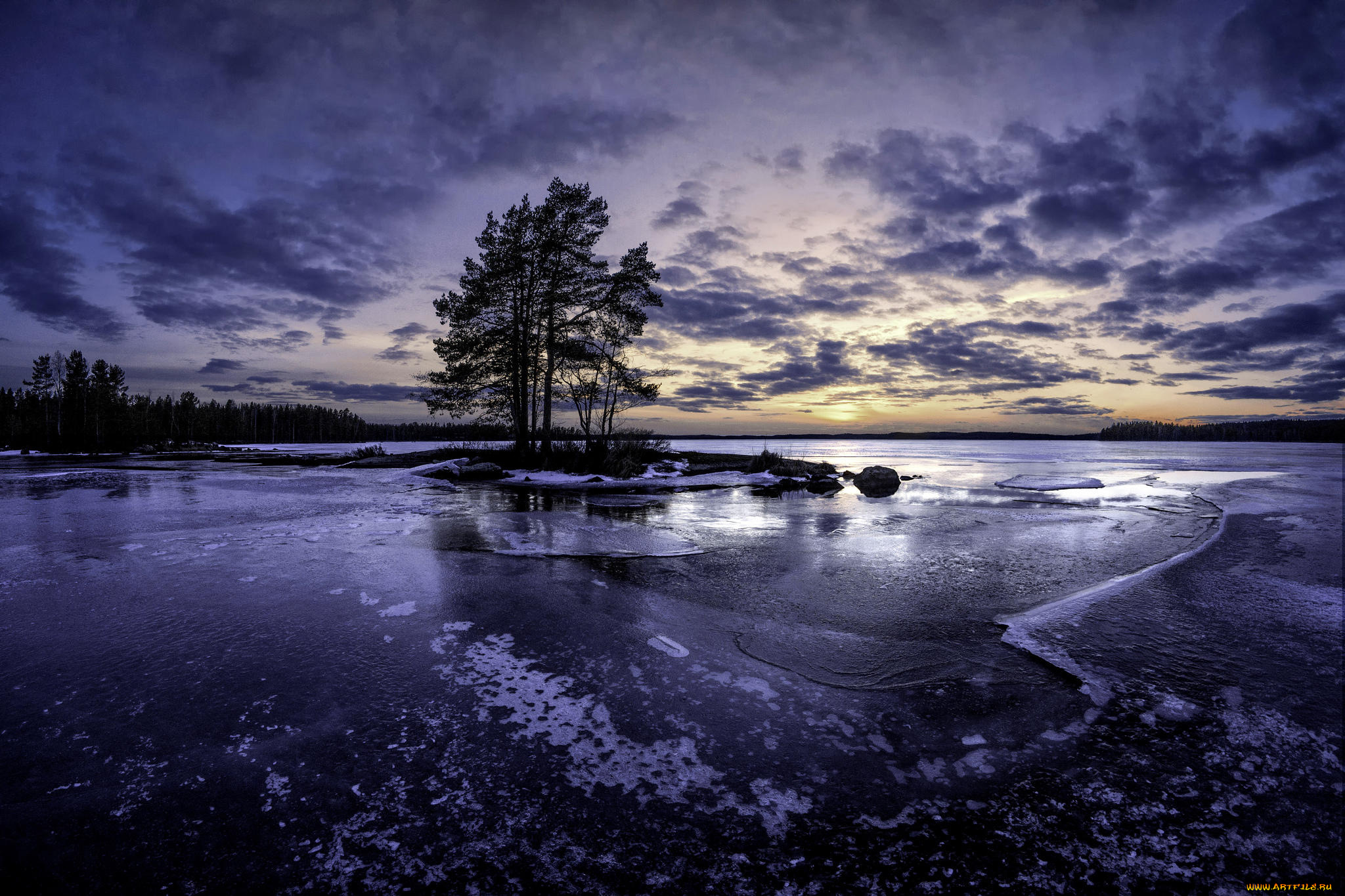 природа, реки, озера, финляндия, озеро, лёд, деревья, закат