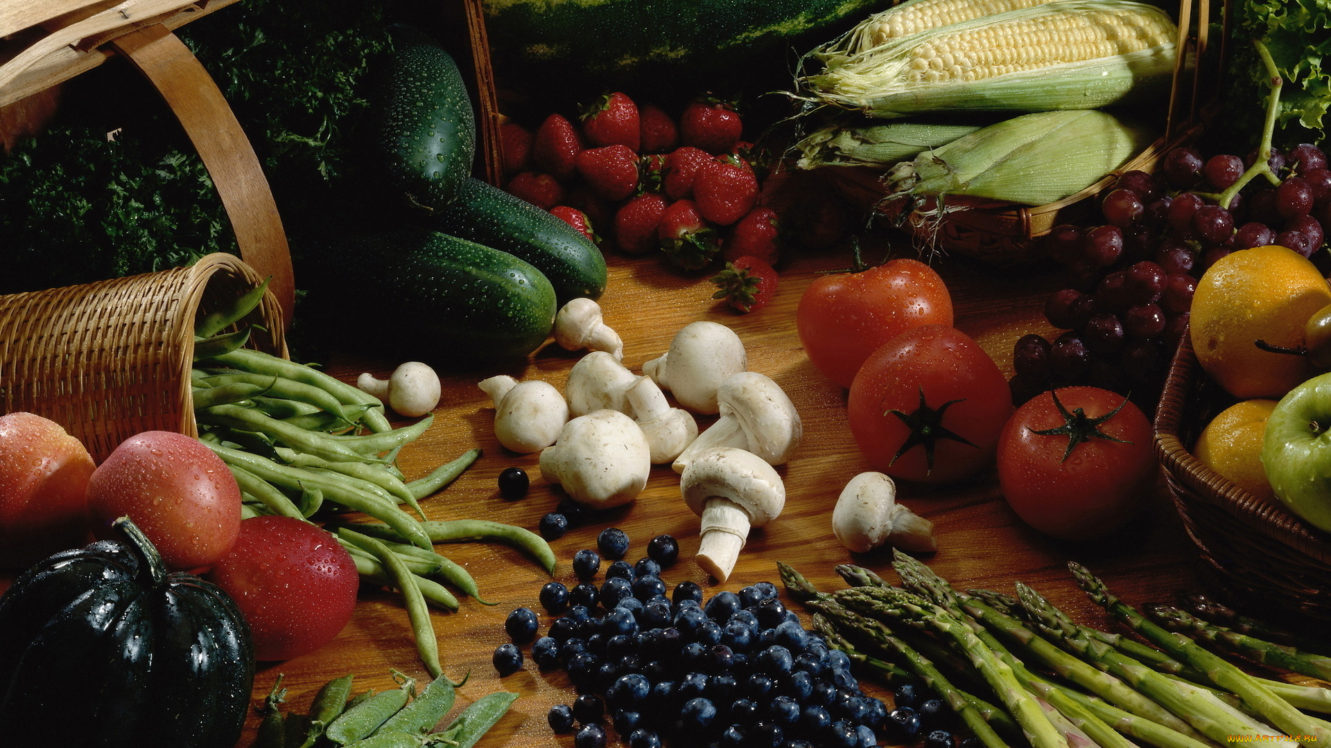 еда, фрукты, и, овощи, вместе, спаржа, виноград, клубника, черника, огурцы, кукуруза
