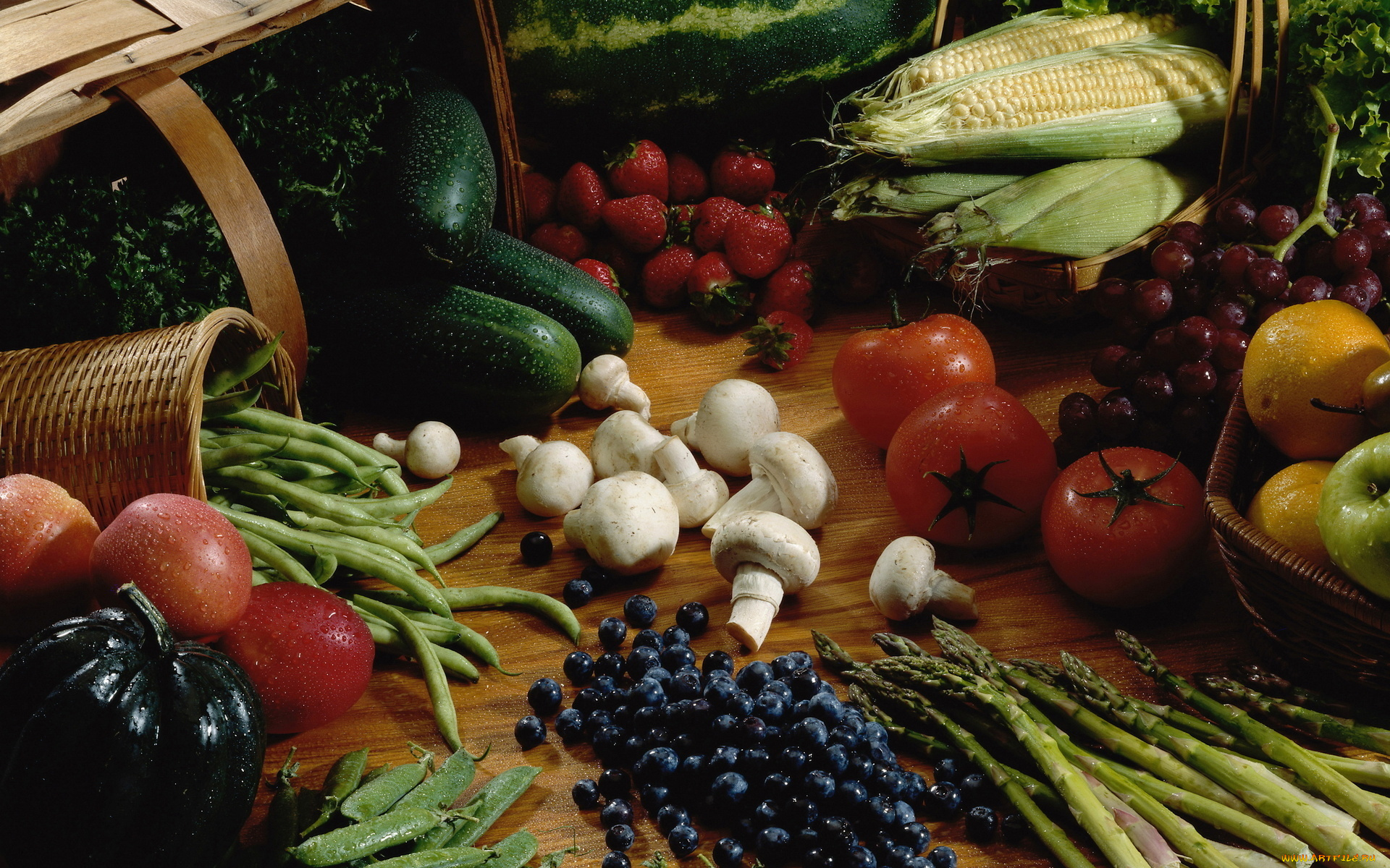 еда, фрукты, и, овощи, вместе, спаржа, виноград, клубника, черника, огурцы, кукуруза