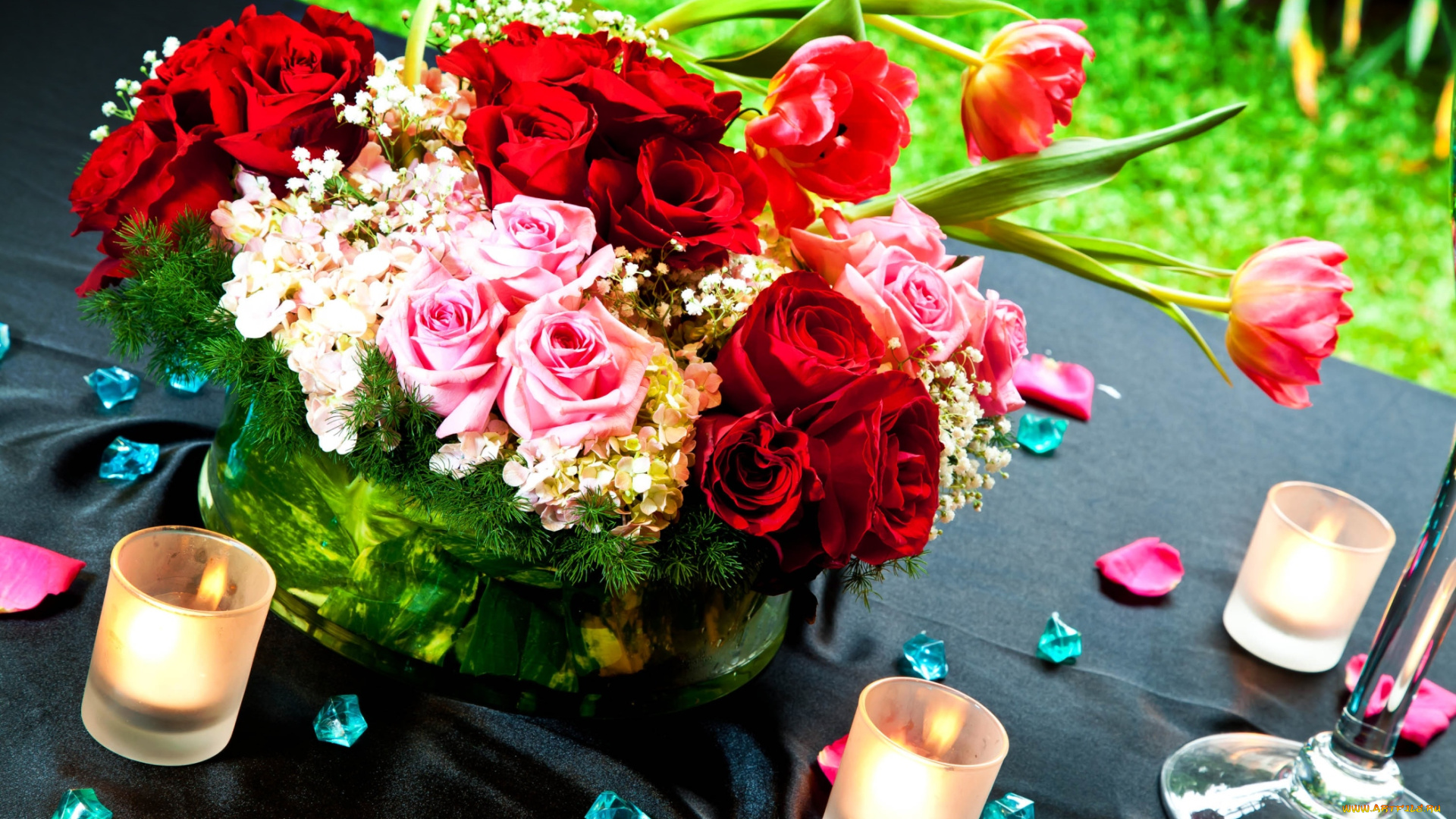 цветы, букеты, композиции, свечи, гортензия, тюльпаны, розы