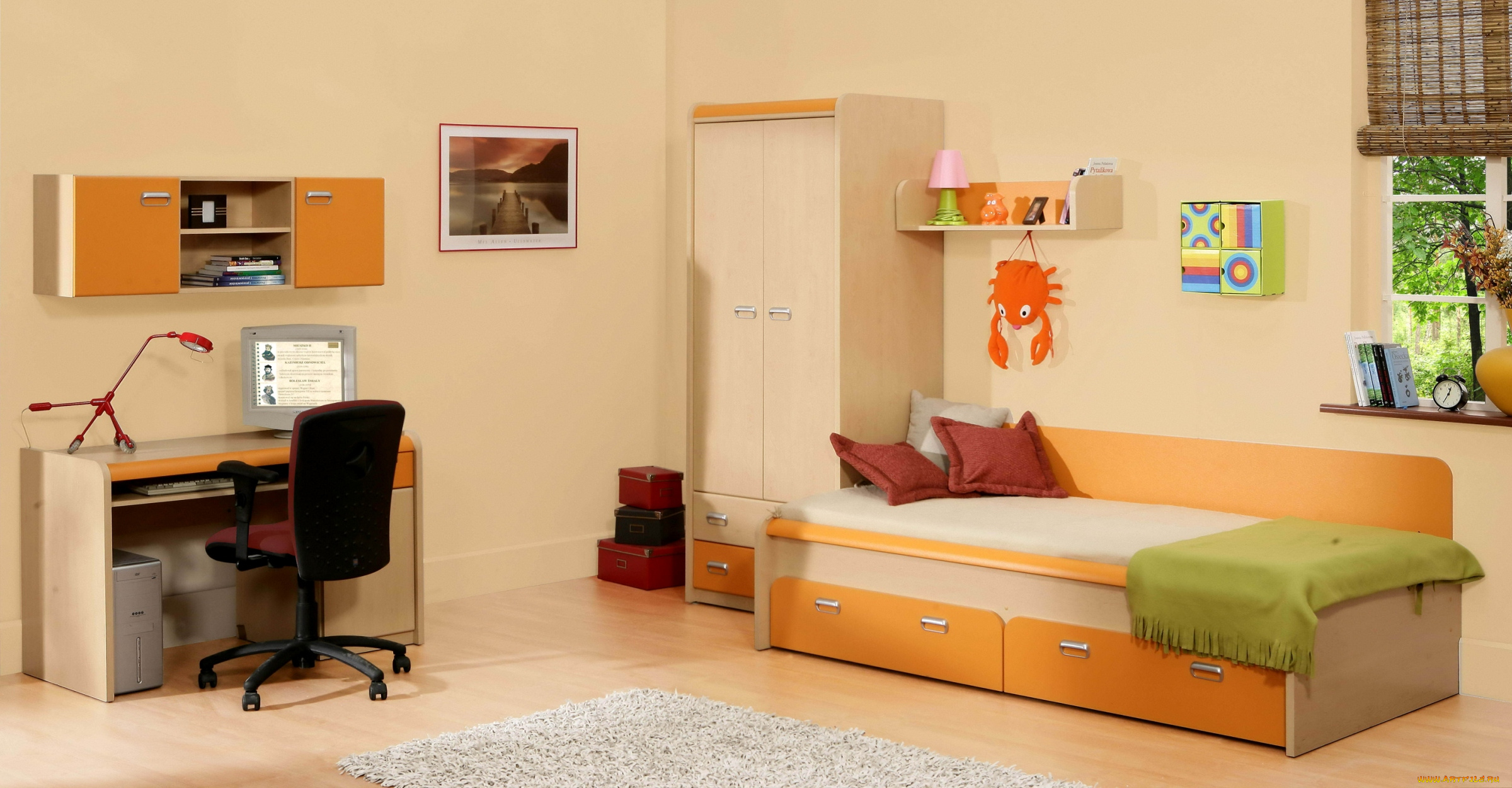 интерьер, детская, комната, компьютер, стол, игрушки, кровать