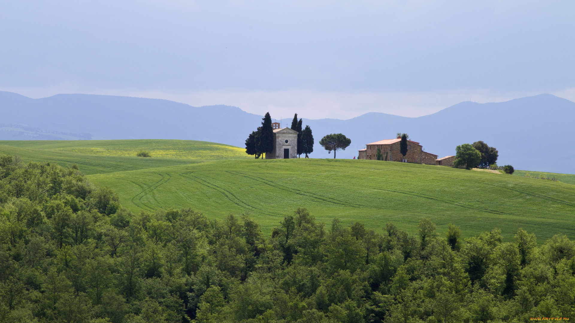 tuscany, italy, природа, поля, тоскана, италия, деревья, горы, постройки, пейзаж